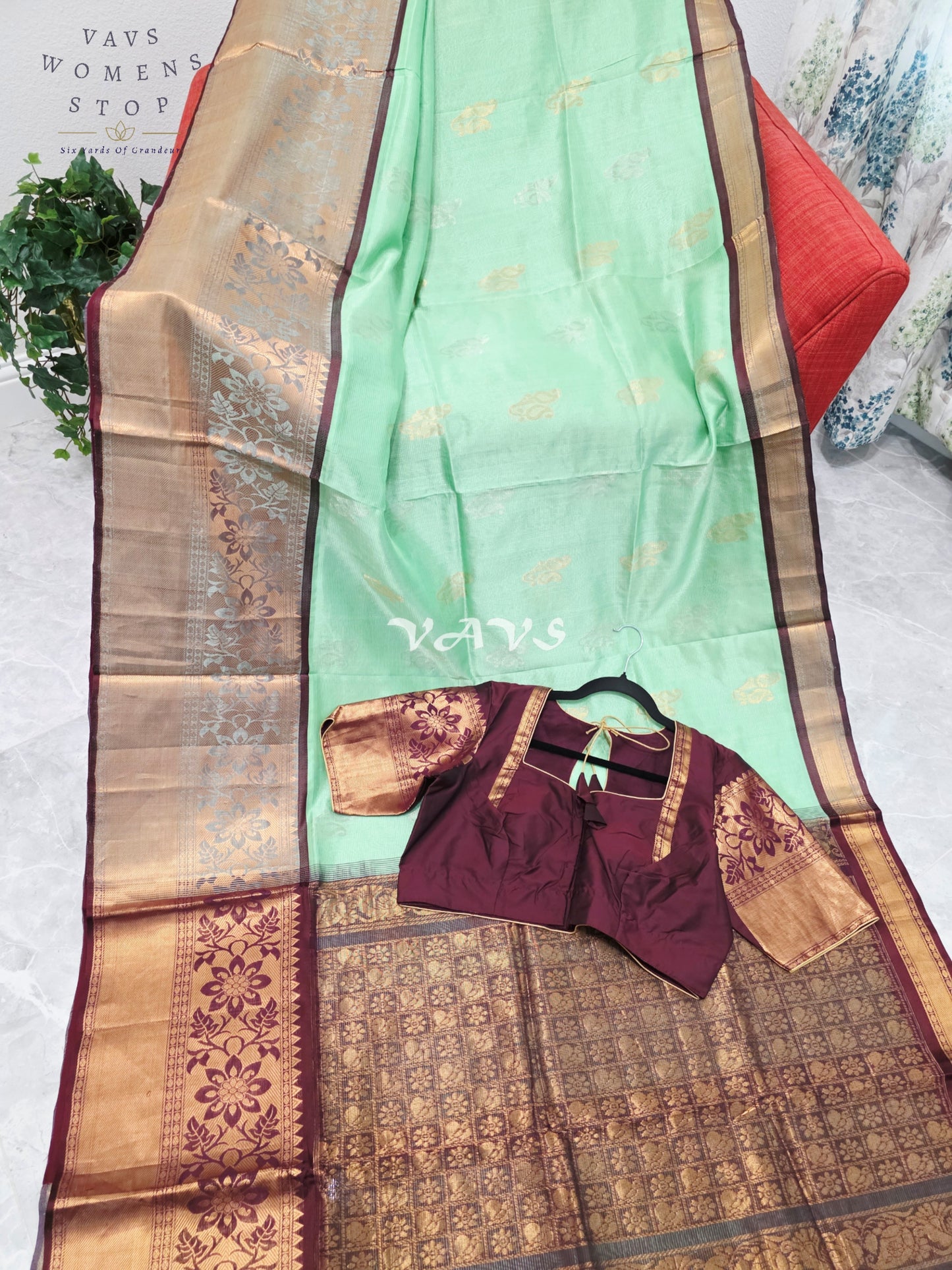 Mint Pistachio Green Mangalagiri Pattu Silk Cotton Handloom Saree with Antique Gold & Wine Border, Stitched Blouse Size 42-48