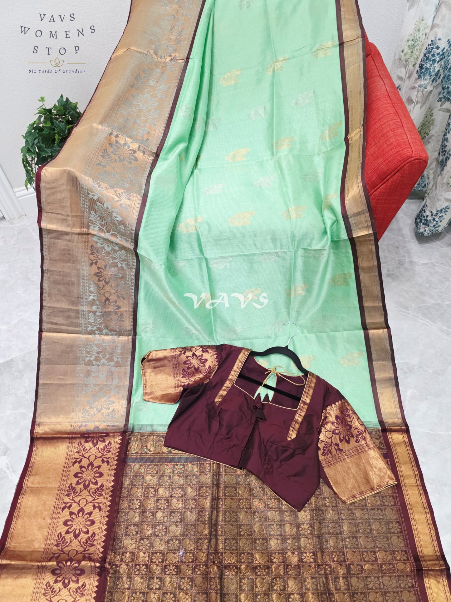 Mint Pistachio Green Mangalagiri Pattu Silk Cotton Handloom Saree with Antique Gold & Wine Border, Stitched Blouse Size 42-48