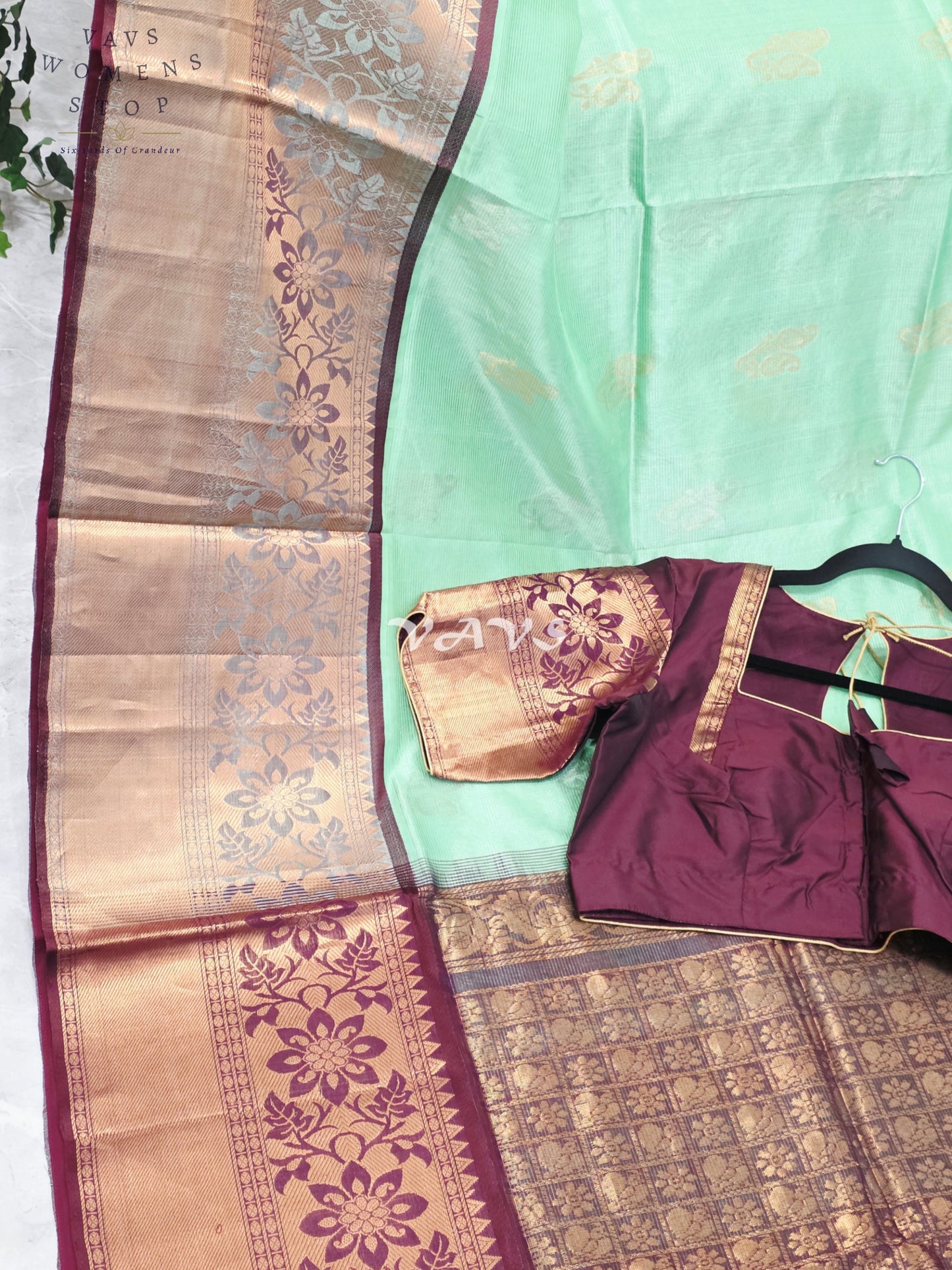 Mint Pistachio Green Mangalagiri Pattu Silk Cotton Handloom Saree with Antique Gold & Wine Border, Stitched Blouse Size 42-48