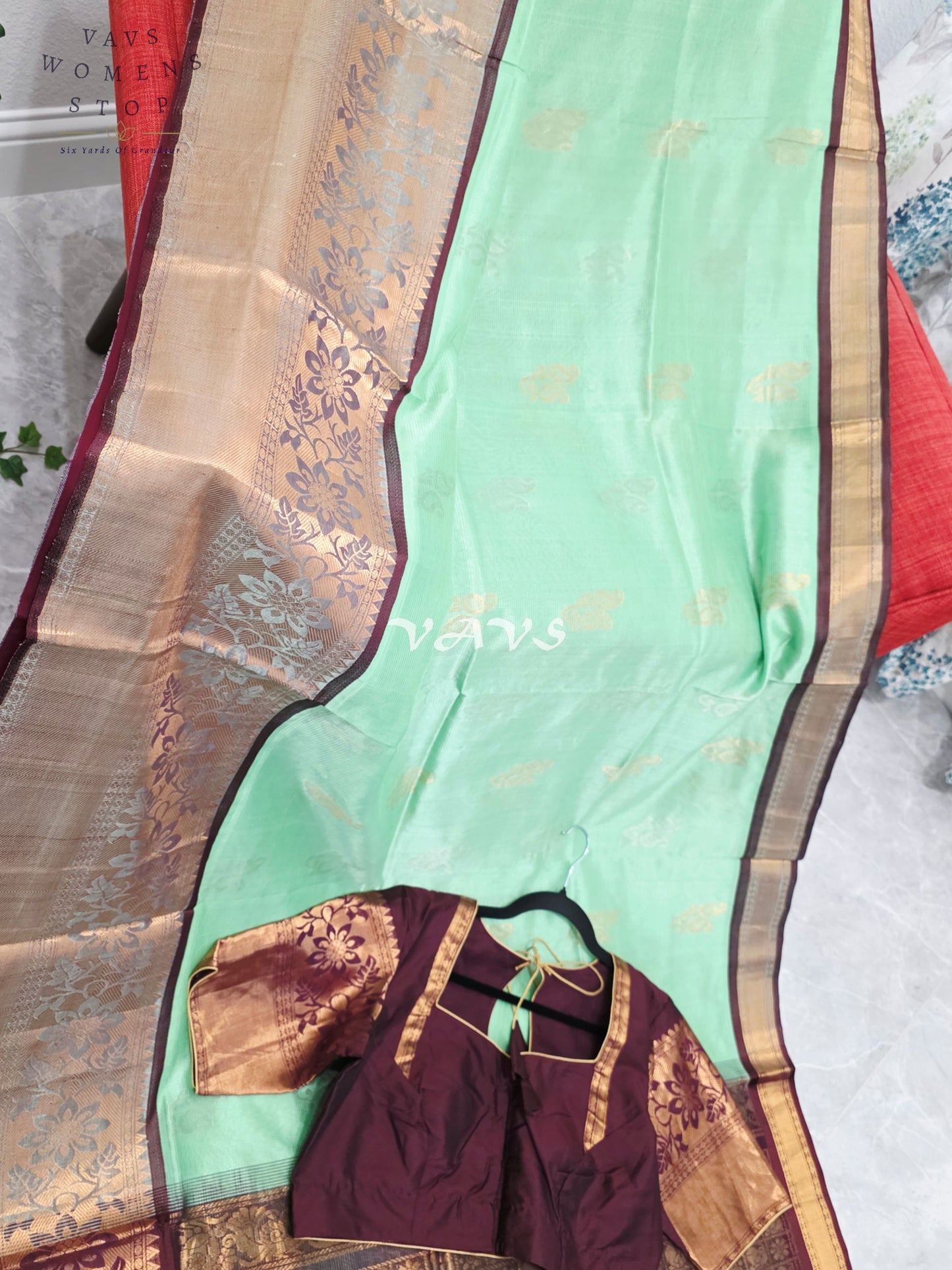 Mint Pistachio Green Mangalagiri Pattu Silk Cotton Handloom Saree with Antique Gold & Wine Border, Stitched Blouse Size 42-48