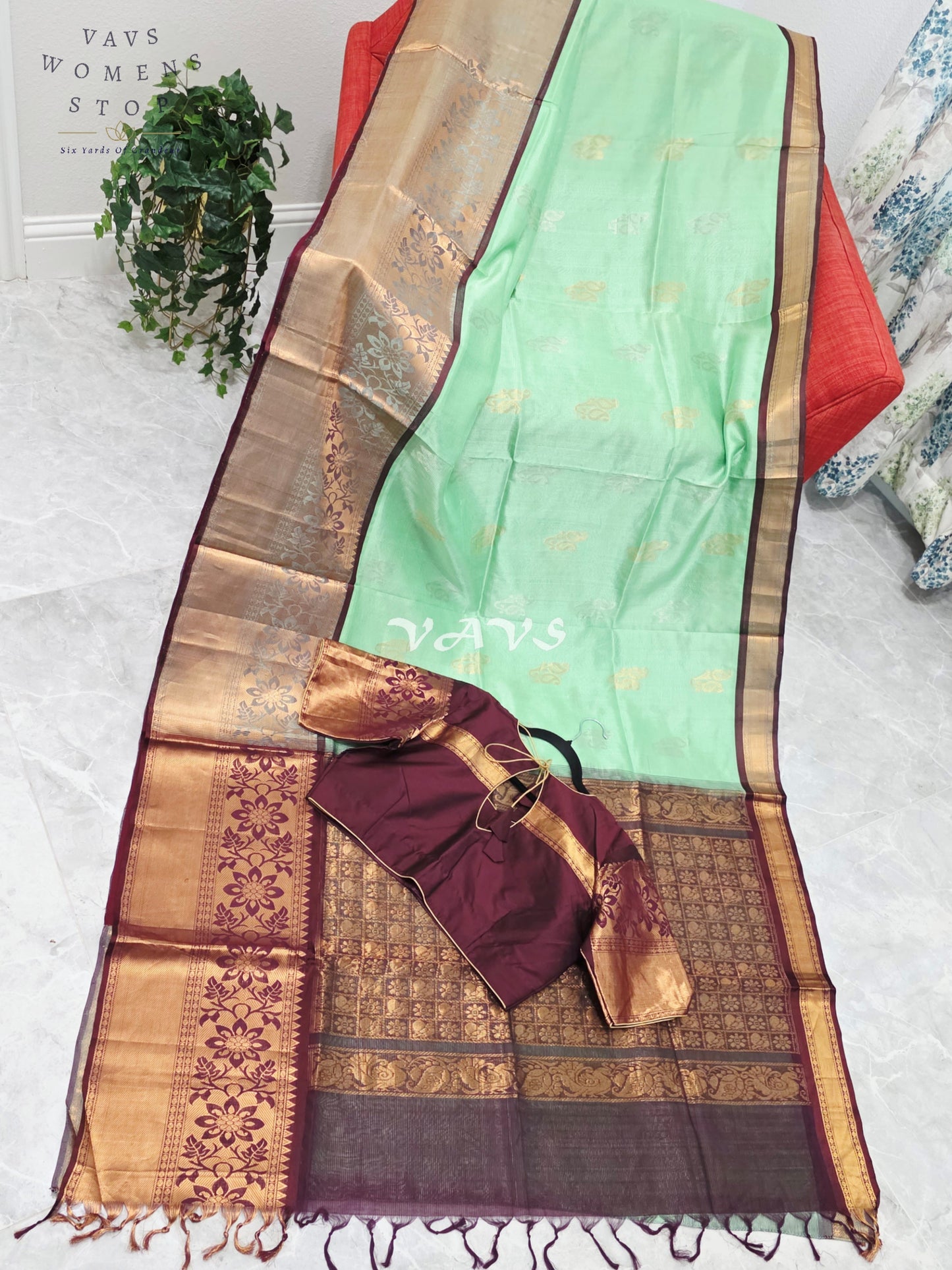 Mint Pistachio Green Mangalagiri Pattu Silk Cotton Handloom Saree with Antique Gold & Wine Border, Stitched Blouse Size 42-48