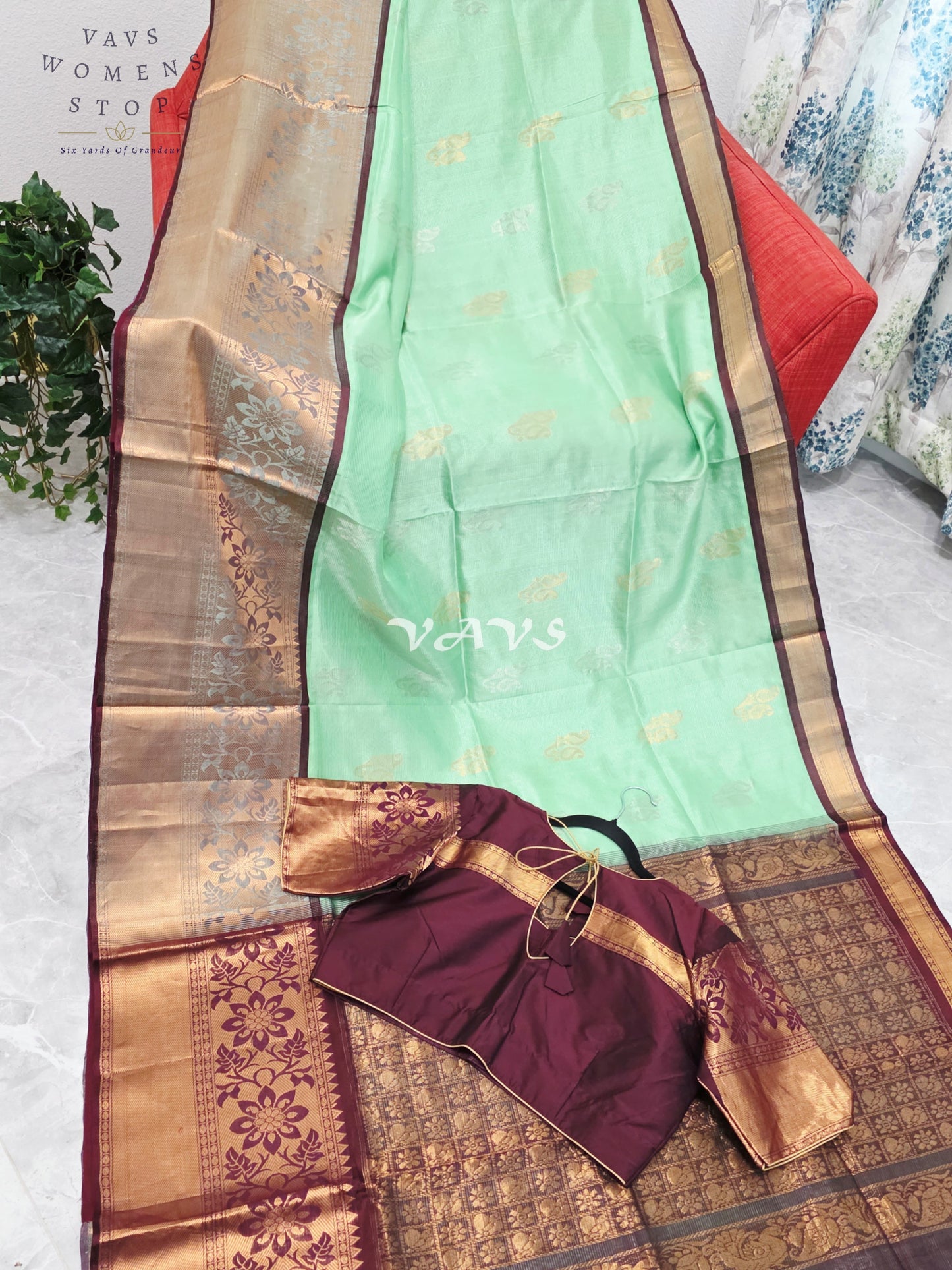 Mint Pistachio Green Mangalagiri Pattu Silk Cotton Handloom Saree with Antique Gold & Wine Border, Stitched Blouse Size 42-48