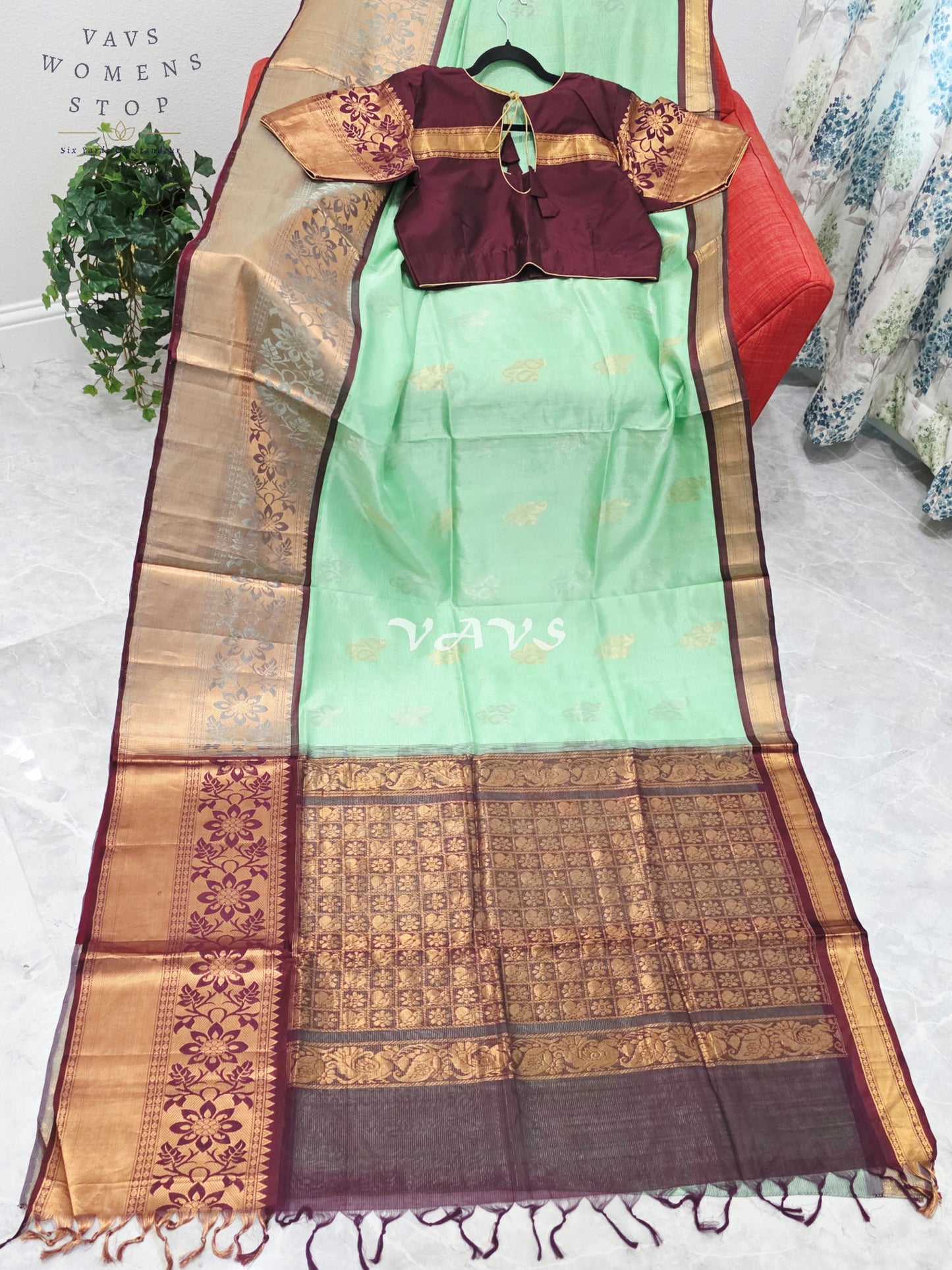 Mint Pistachio Green Mangalagiri Pattu Silk Cotton Handloom Saree with Antique Gold & Wine Border, Stitched Blouse Size 42-48