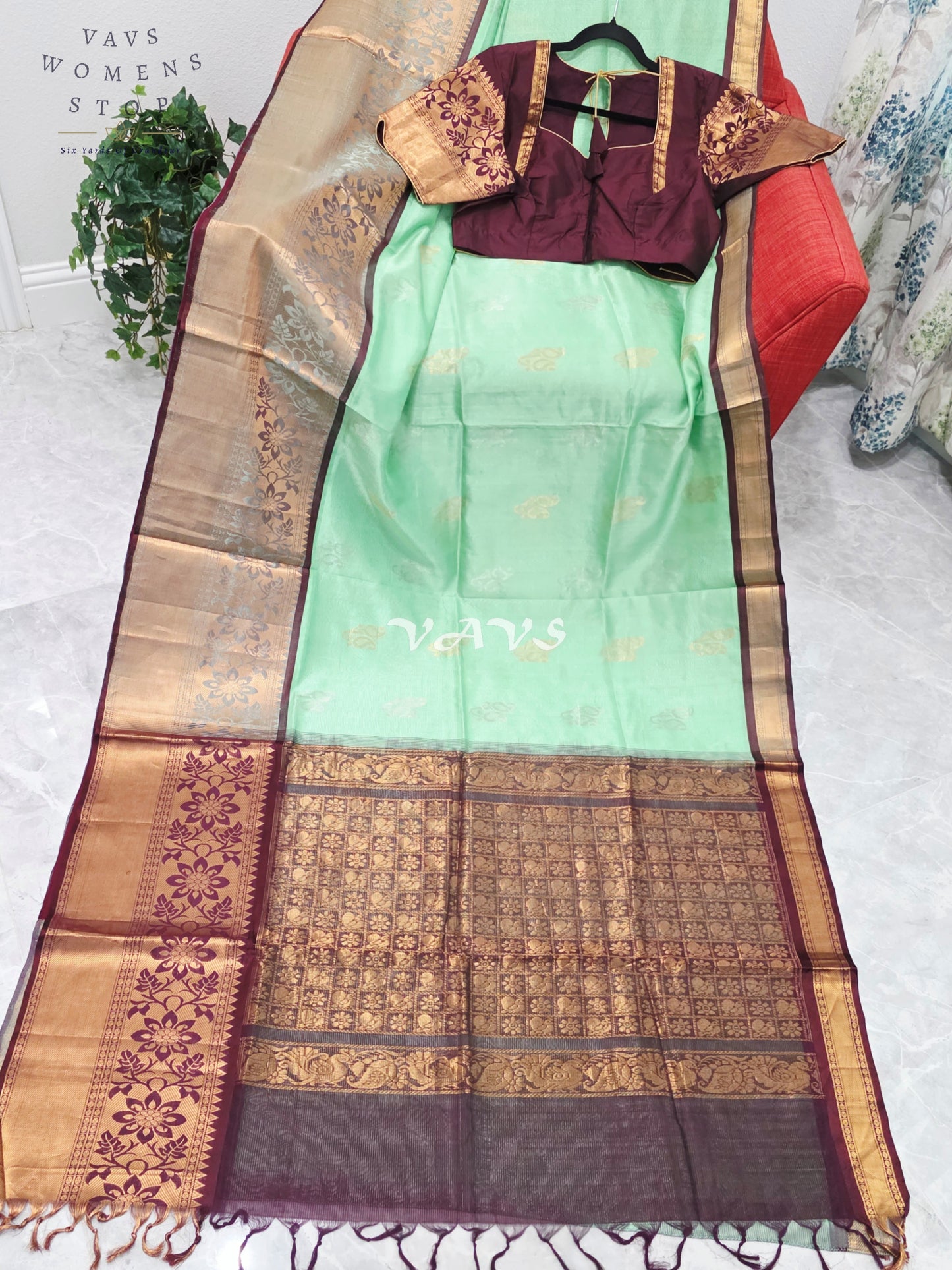 Mint Pistachio Green Mangalagiri Pattu Silk Cotton Handloom Saree with Antique Gold & Wine Border, Stitched Blouse Size 42-48