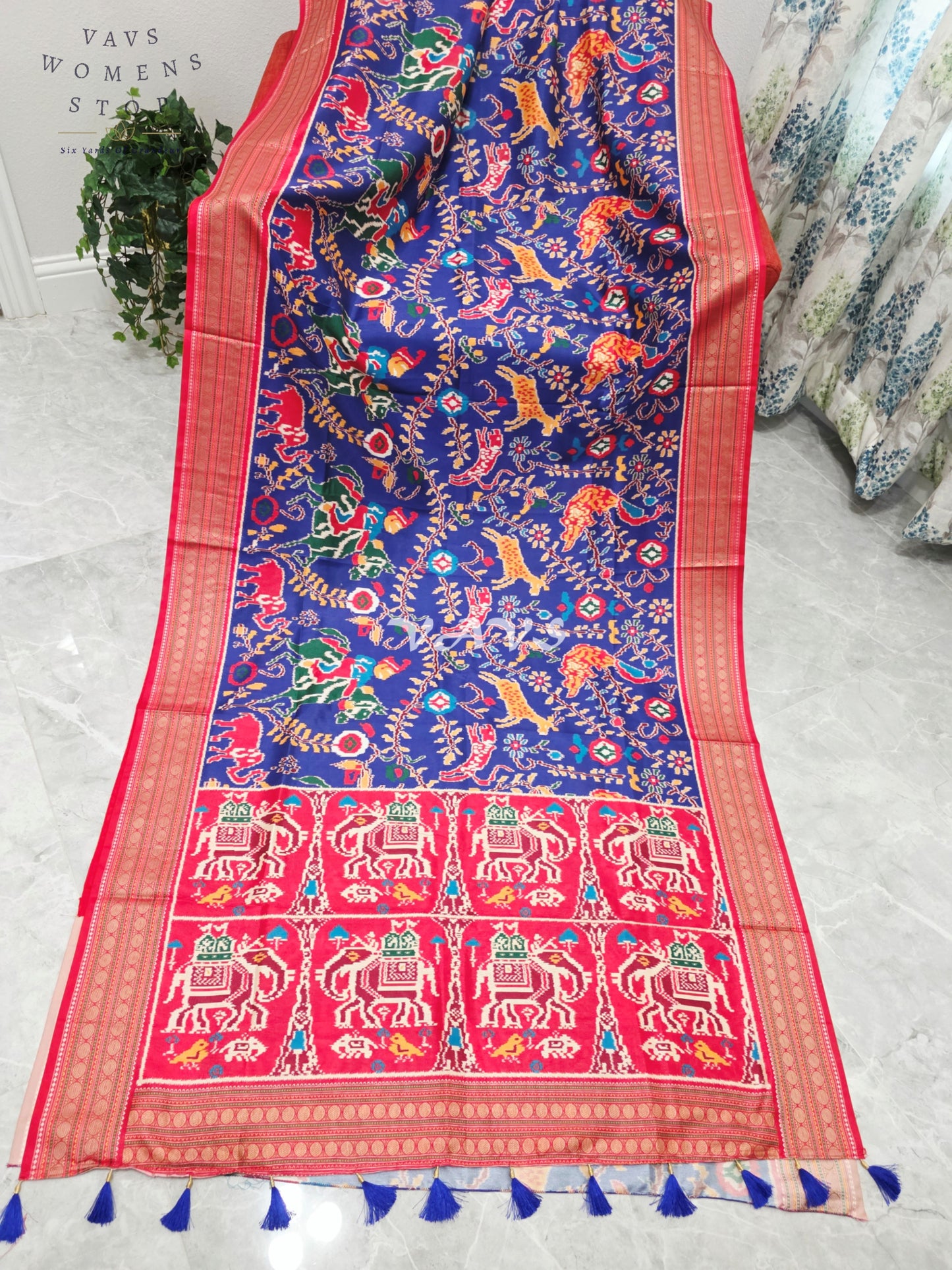 Royal Sapphire Blue Patola Print Soft Silk Saree with Heritage Elephant Pallu & Ruby Red Stitched Blouse Size 34-40