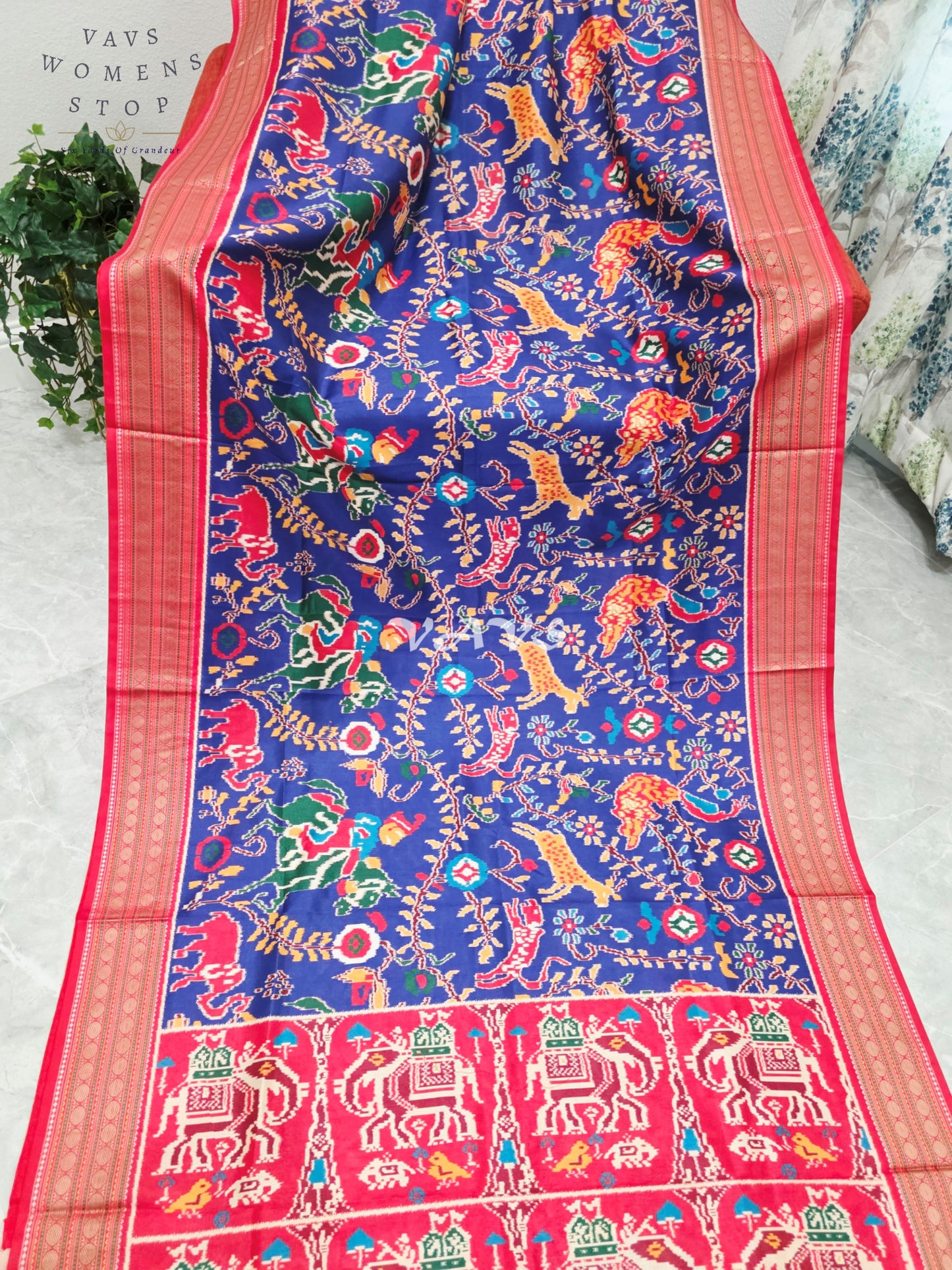 Royal Sapphire Blue Patola Print Soft Silk Saree with Heritage Elephant Pallu & Ruby Red Stitched Blouse Size 34-40