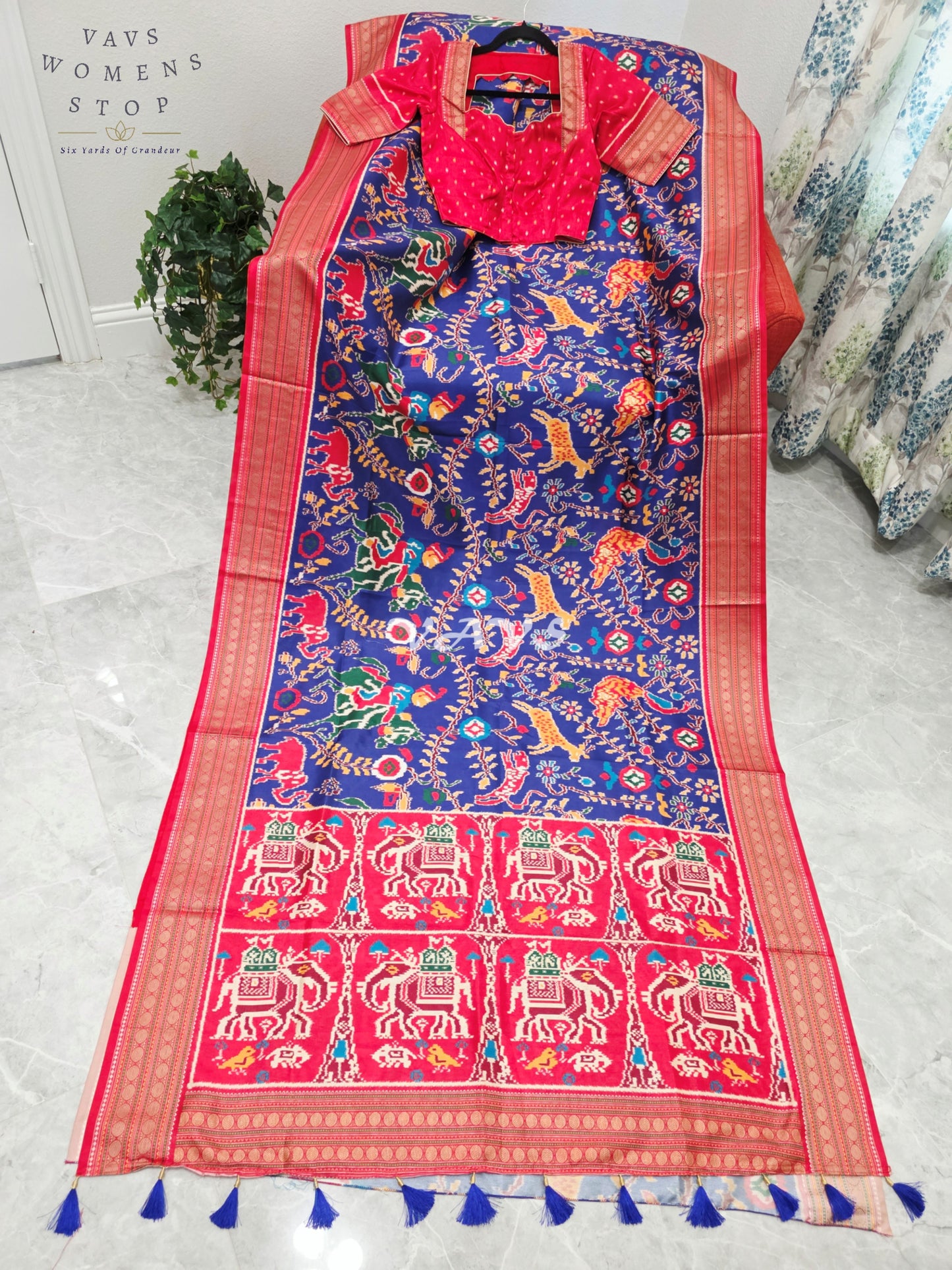 Royal Sapphire Blue Patola Print Soft Silk Saree with Heritage Elephant Pallu & Ruby Red Stitched Blouse Size 34-40
