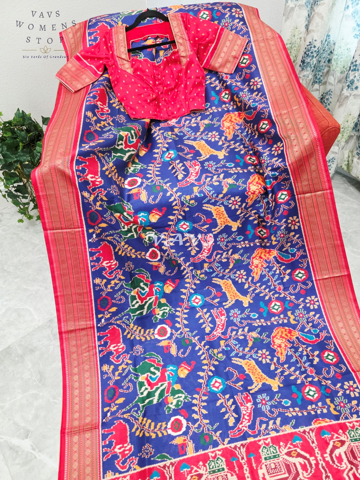 Royal Sapphire Blue Patola Print Soft Silk Saree with Heritage Elephant Pallu & Ruby Red Stitched Blouse Size 34-40