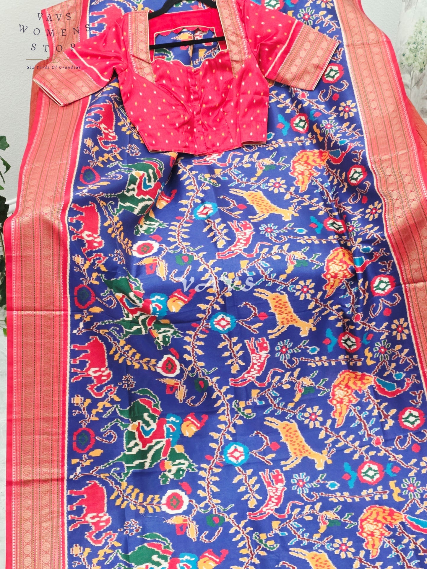 Royal Sapphire Blue Patola Print Soft Silk Saree with Heritage Elephant Pallu & Ruby Red Stitched Blouse Size 34-40