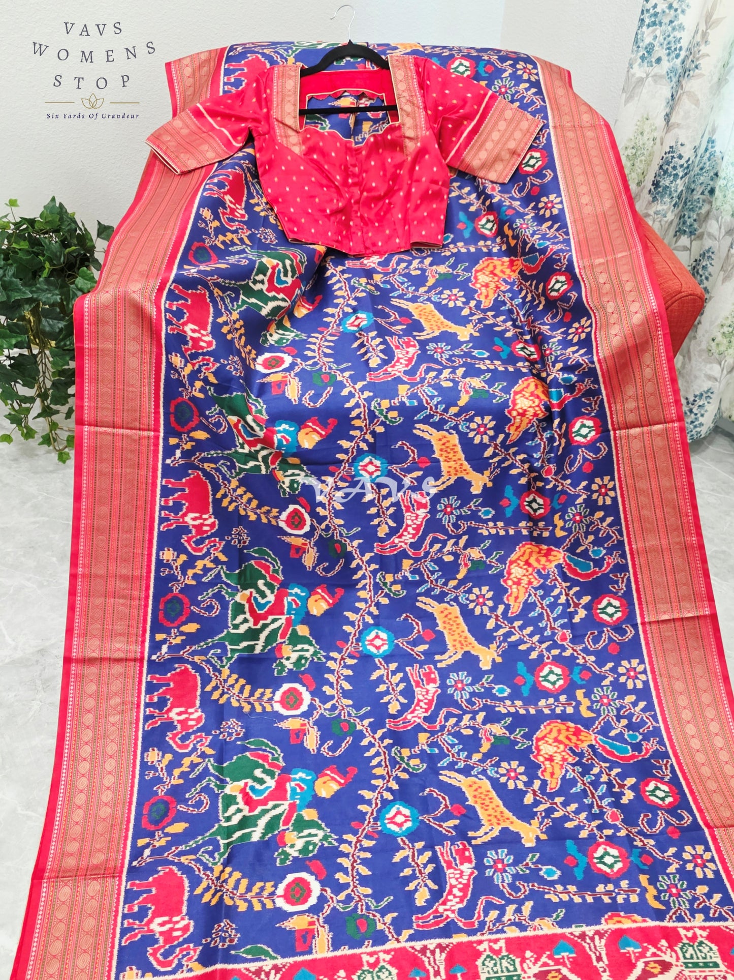 Royal Sapphire Blue Patola Print Soft Silk Saree with Heritage Elephant Pallu & Ruby Red Stitched Blouse Size 34-40