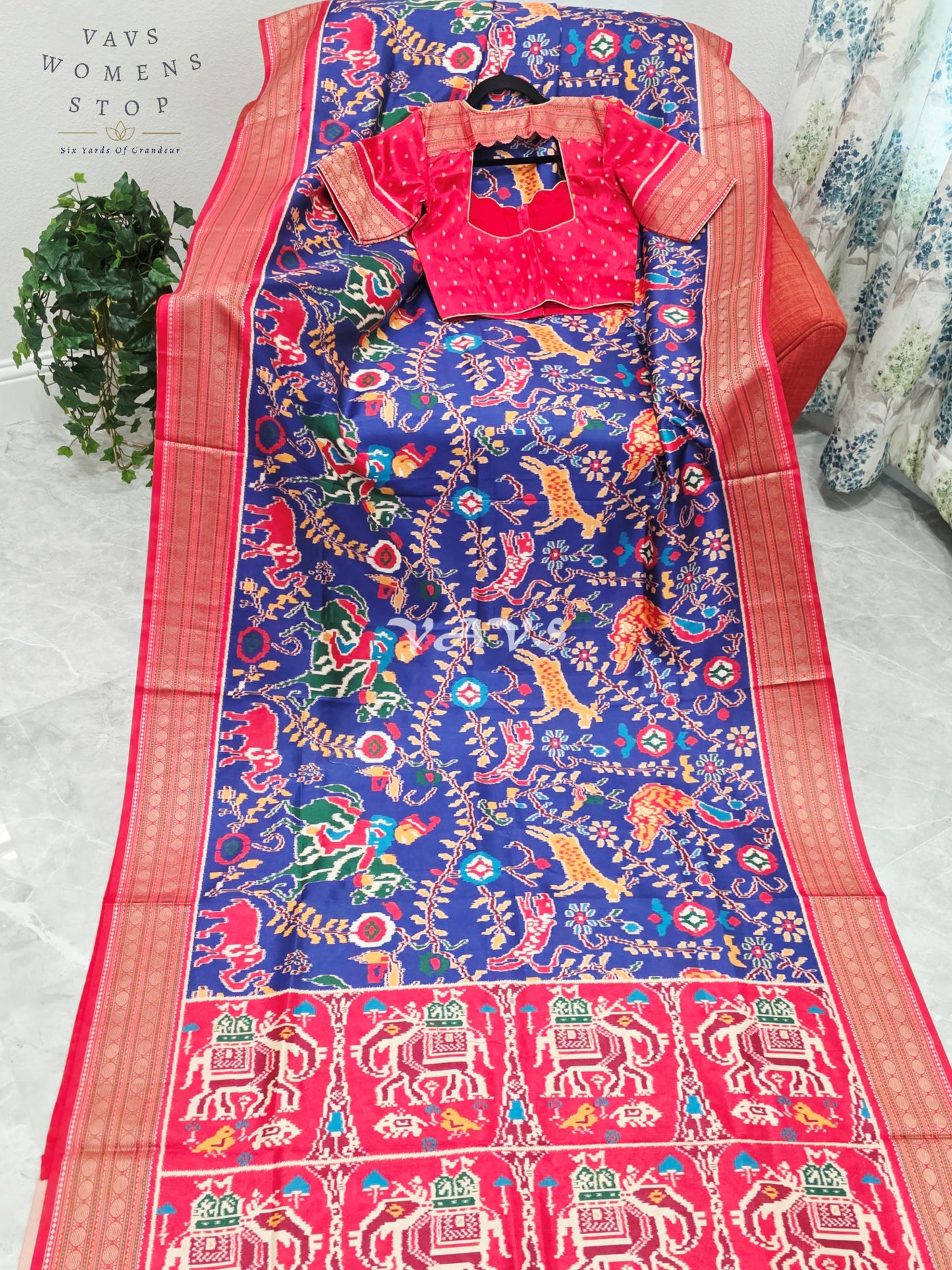 Royal Sapphire Blue Patola Print Soft Silk Saree with Heritage Elephant Pallu & Ruby Red Stitched Blouse Size 34-40