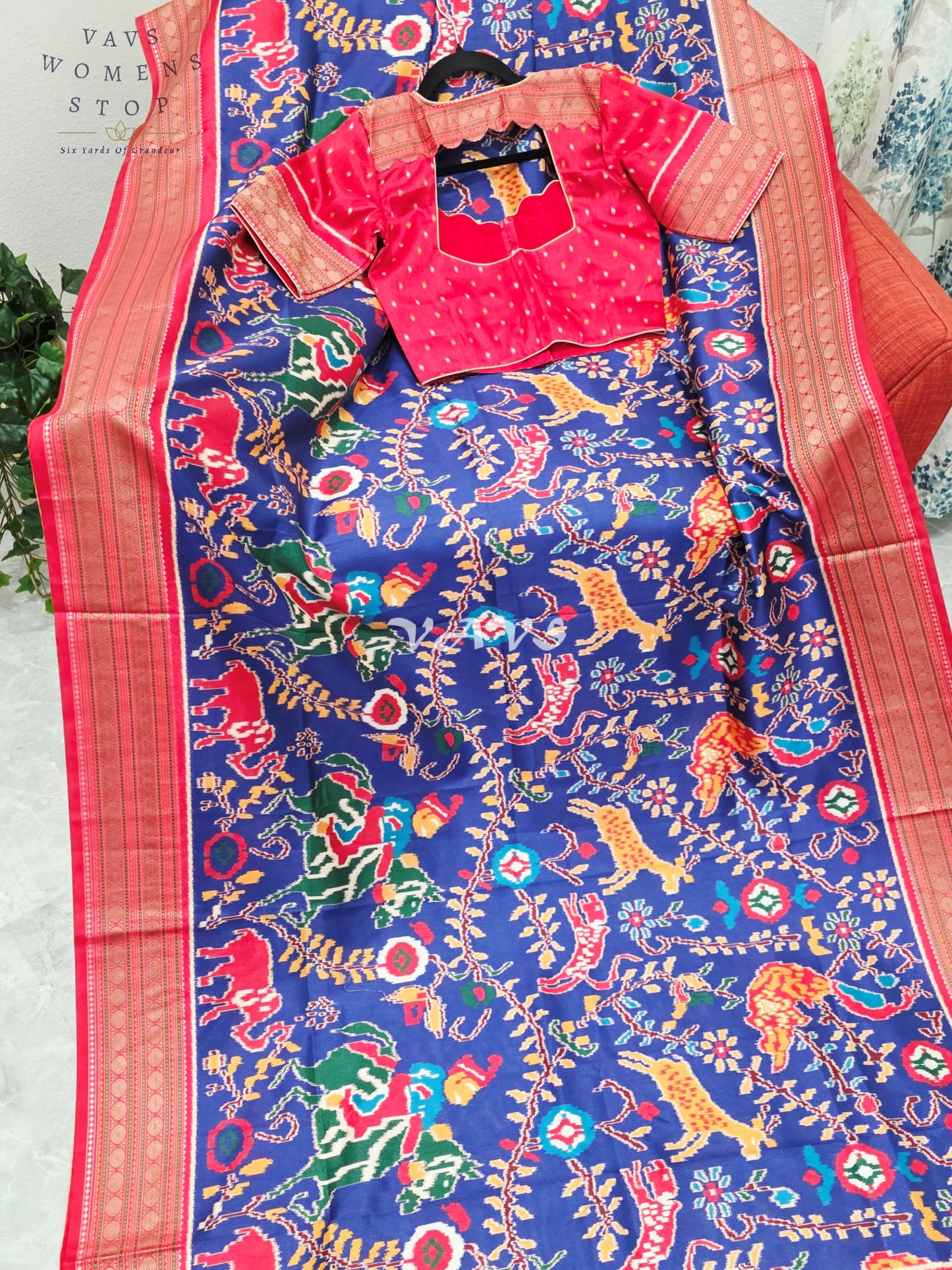 Royal Sapphire Blue Patola Print Soft Silk Saree with Heritage Elephant Pallu & Ruby Red Stitched Blouse Size 34-40