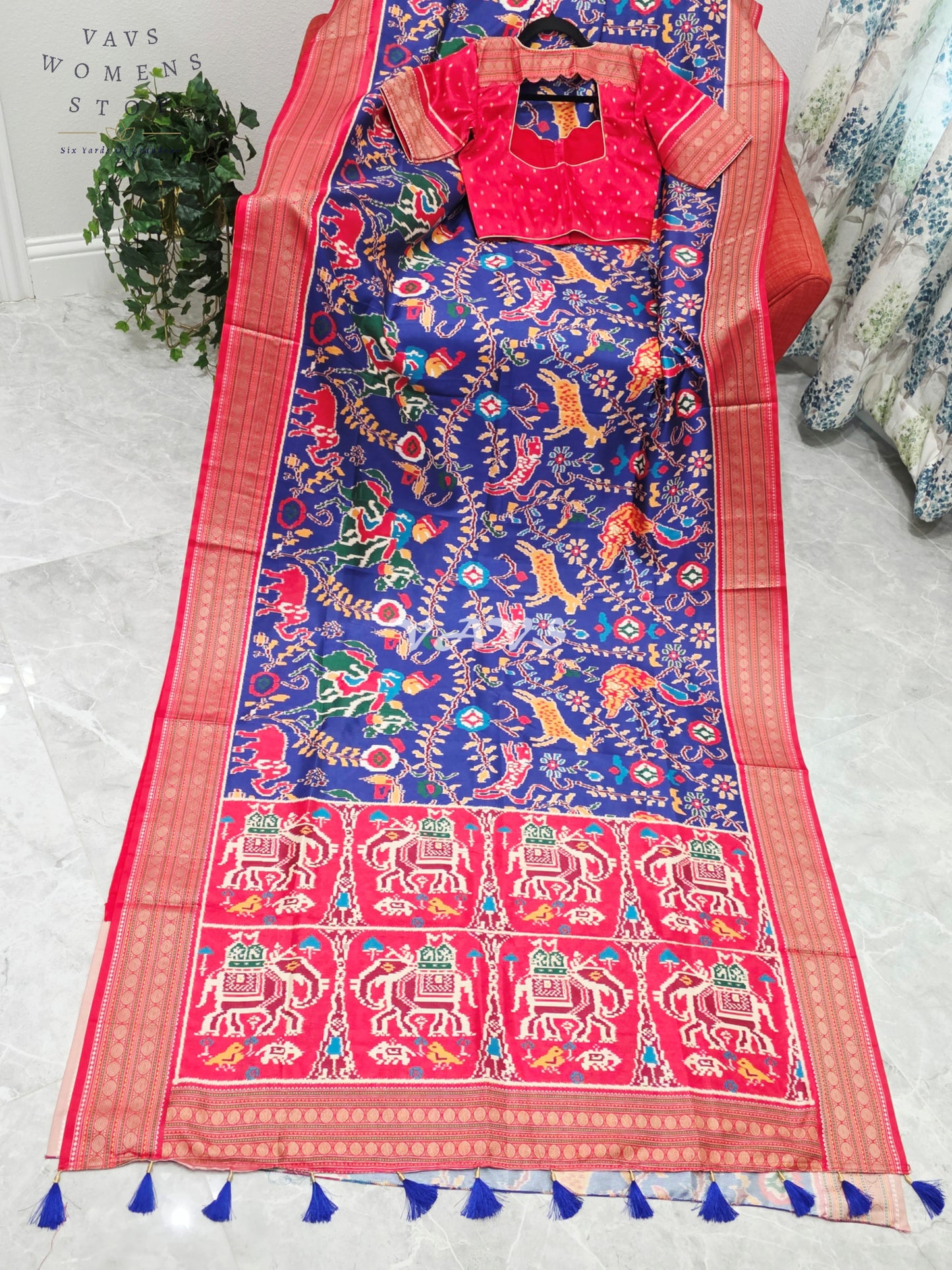 Royal Sapphire Blue Patola Print Soft Silk Saree with Heritage Elephant Pallu & Ruby Red Stitched Blouse Size 34-40