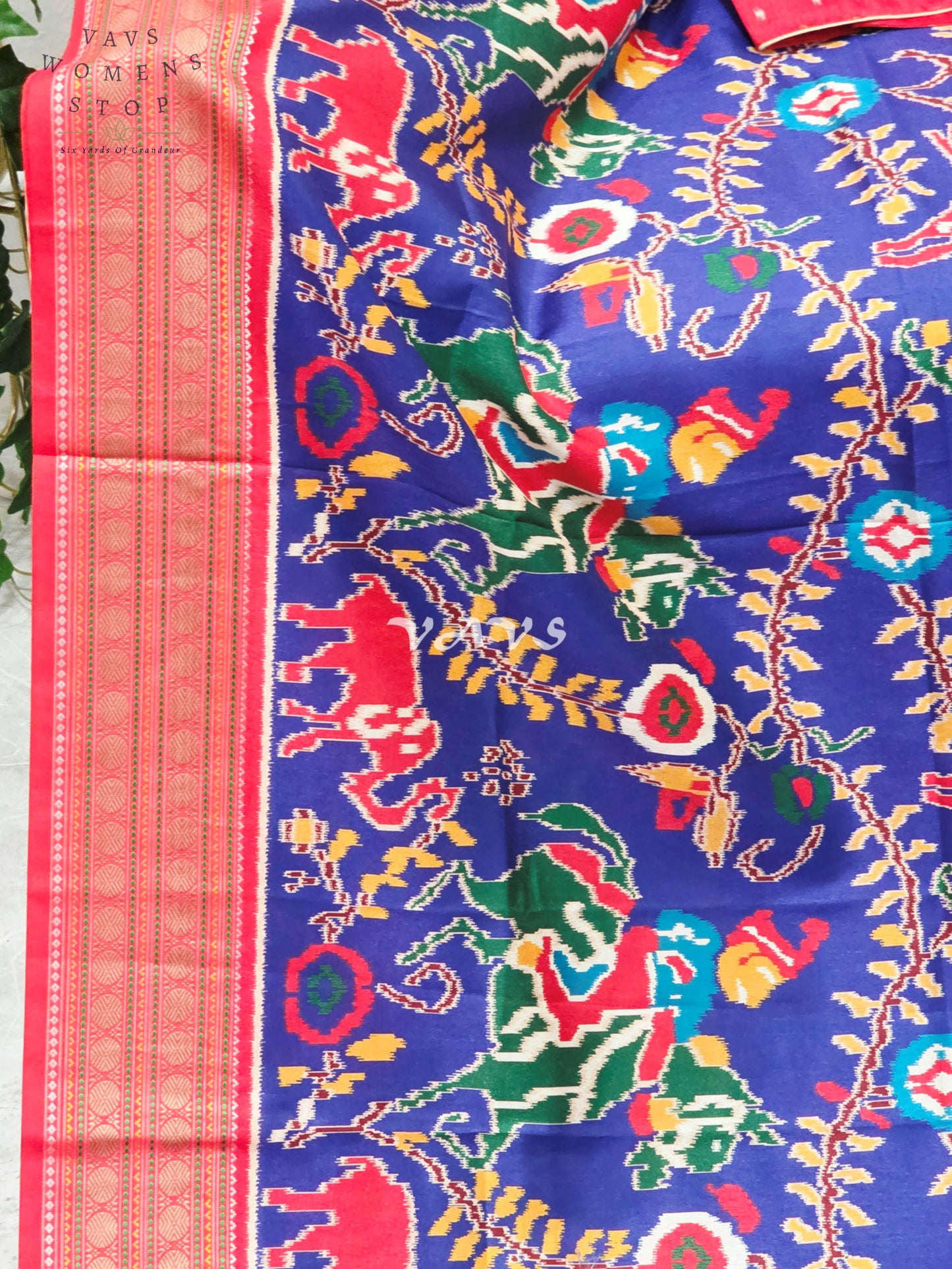 Royal Sapphire Blue Patola Print Soft Silk Saree with Heritage Elephant Pallu & Ruby Red Stitched Blouse Size 34-40