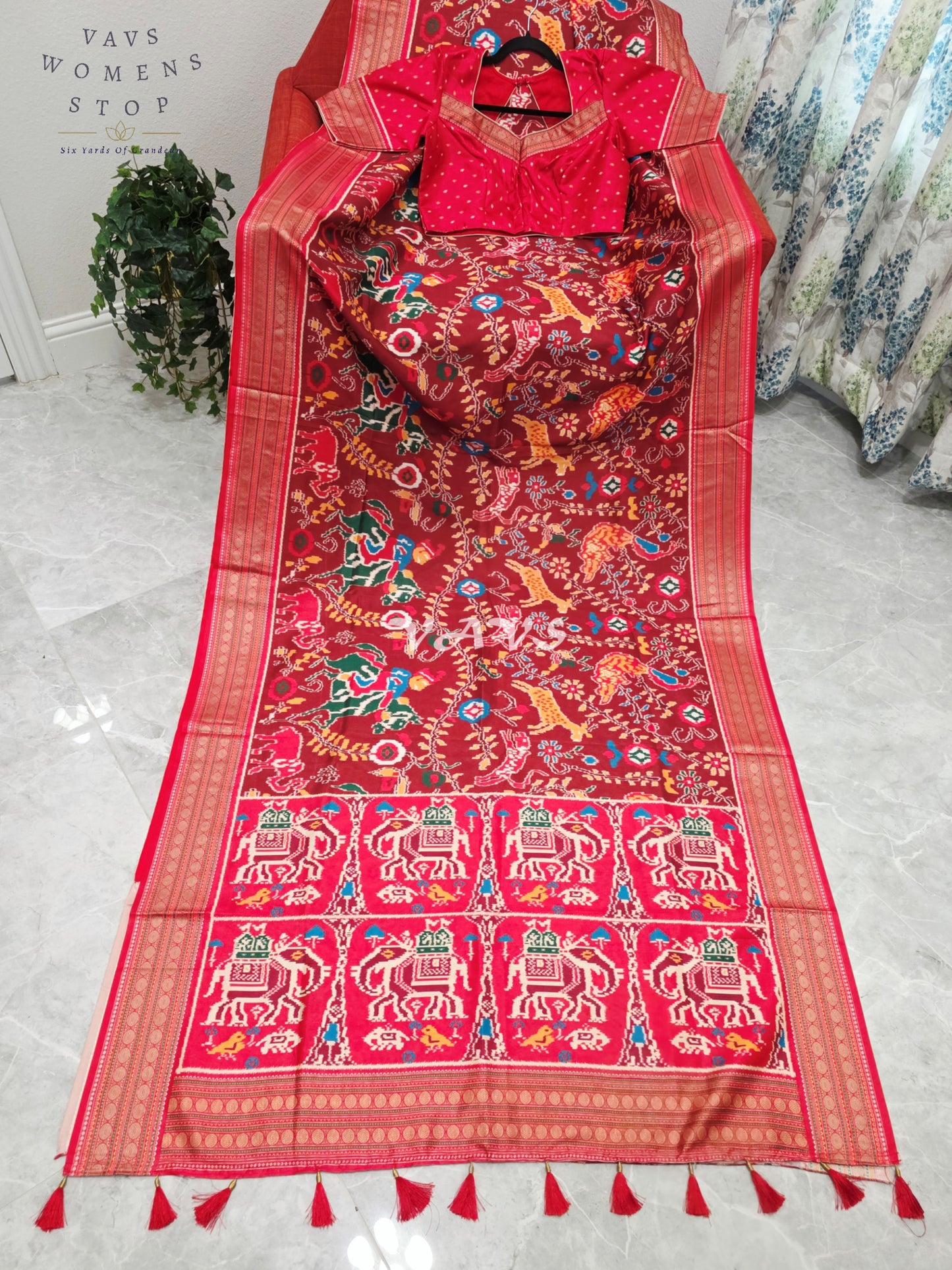 Royal Maroon Patola Print Soft Silk Saree with Heritage Elephant Pallu & Stitched Blouse Size 40-46