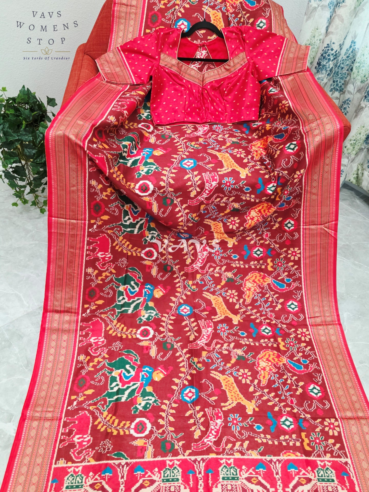 Royal Maroon Patola Print Soft Silk Saree with Heritage Elephant Pallu & Stitched Blouse Size 40-46