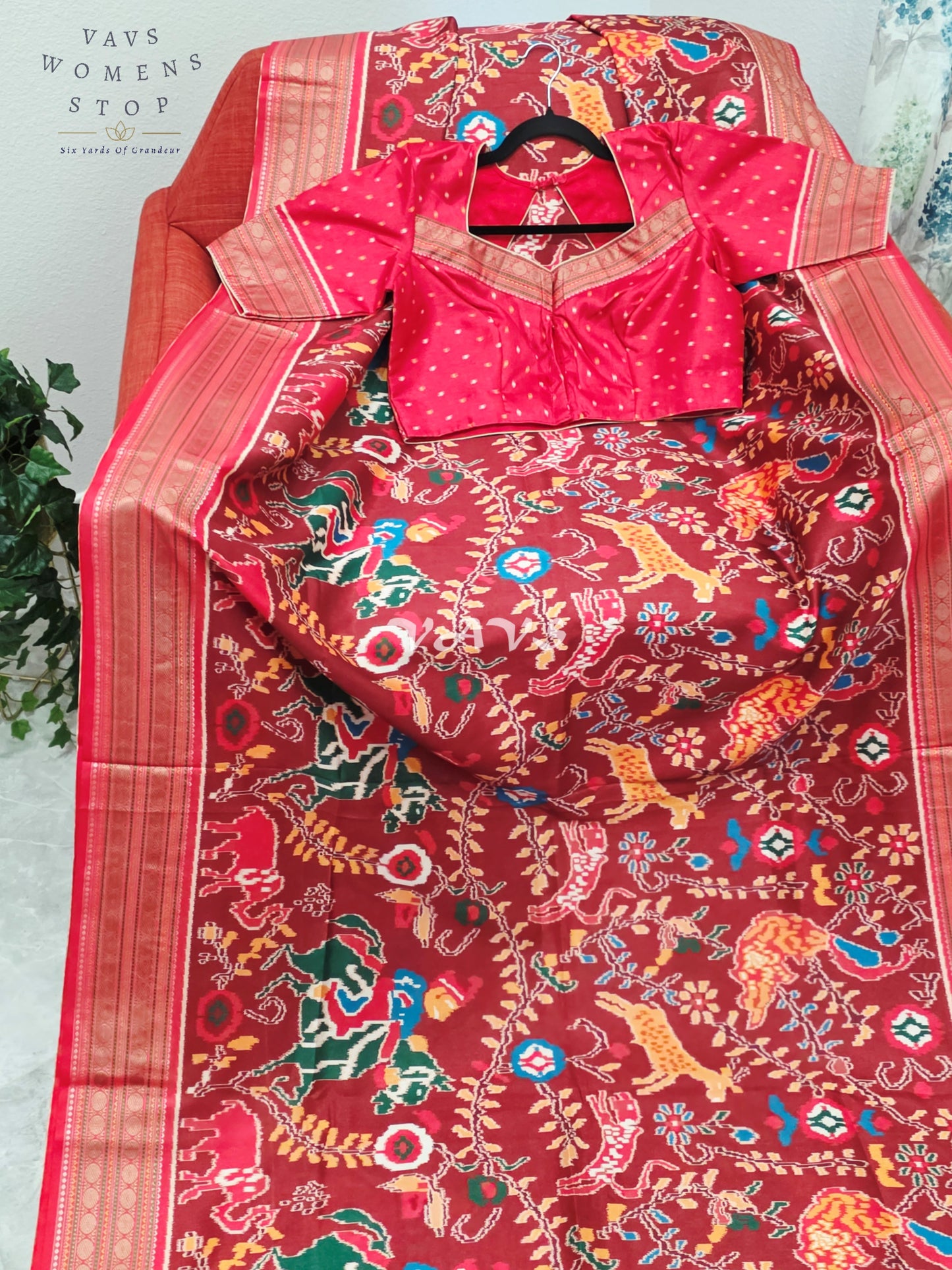 Royal Maroon Patola Print Soft Silk Saree with Heritage Elephant Pallu & Stitched Blouse Size 40-46