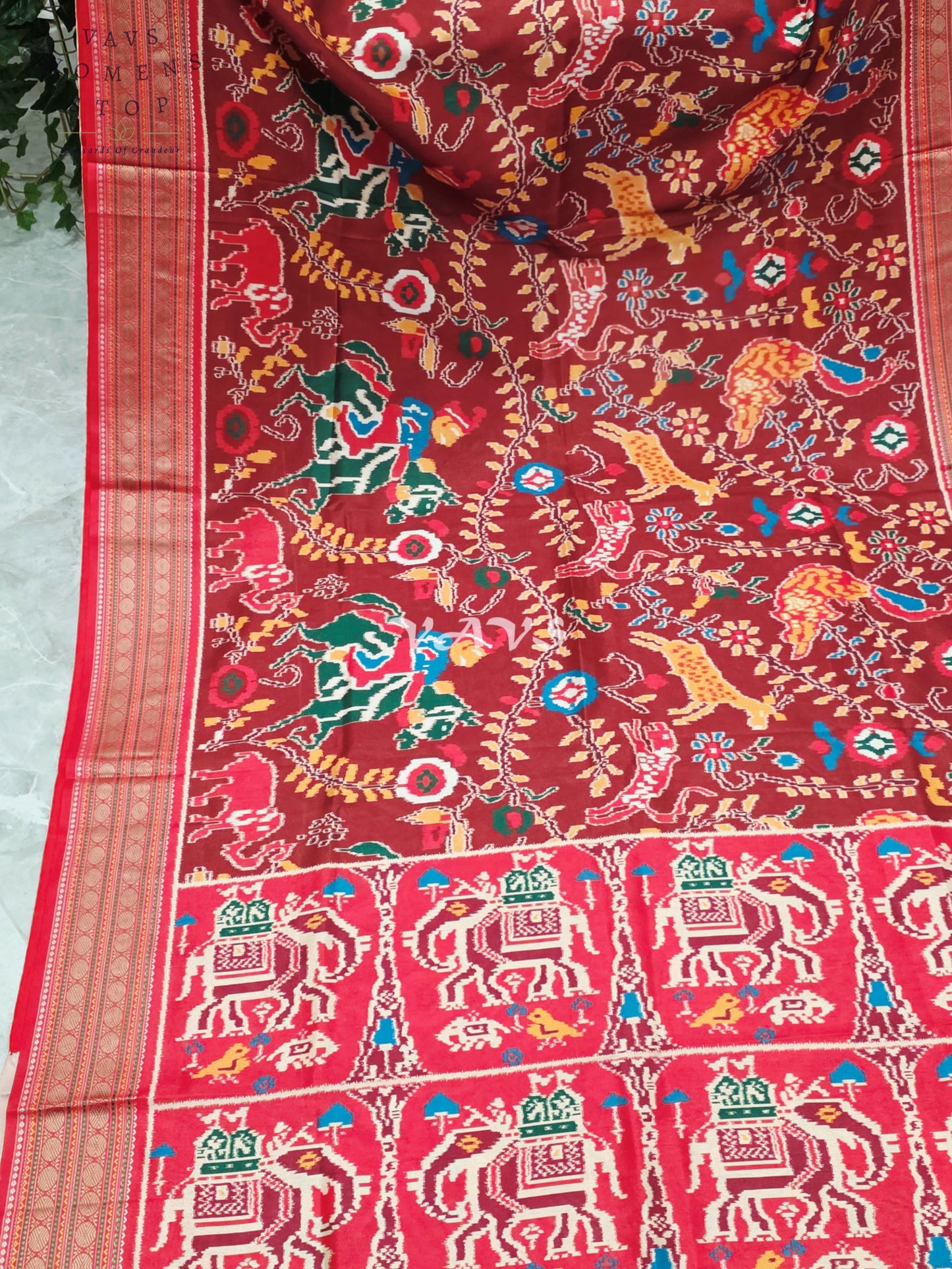 Royal Maroon Patola Print Soft Silk Saree with Heritage Elephant Pallu & Stitched Blouse Size 40-46