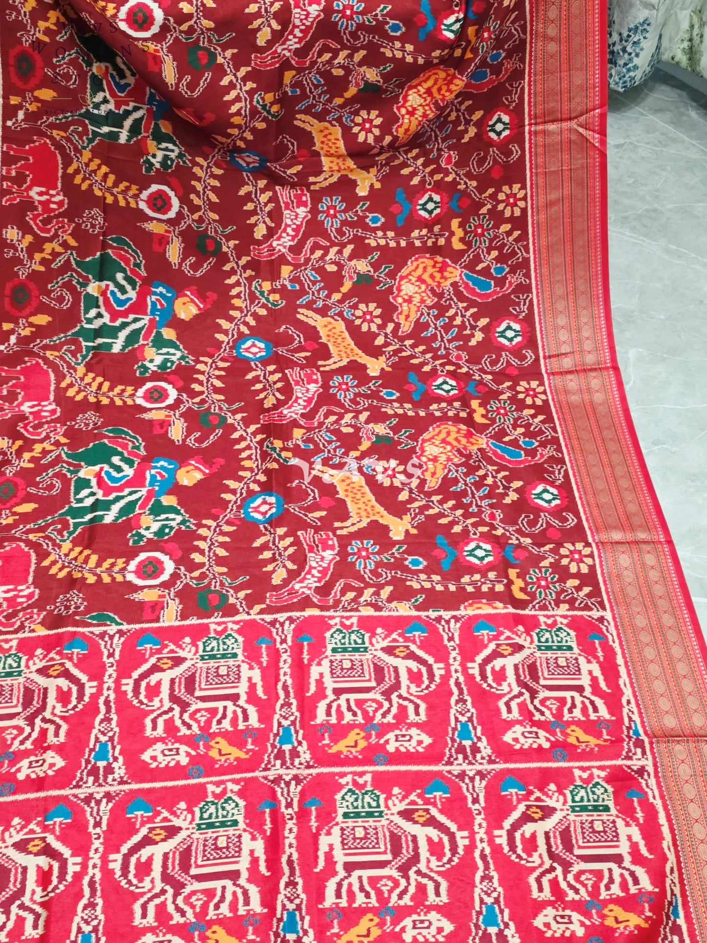 Royal Maroon Patola Print Soft Silk Saree with Heritage Elephant Pallu & Stitched Blouse Size 40-46
