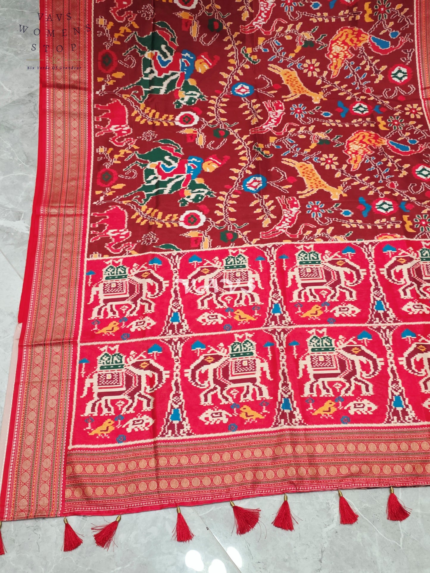 Royal Maroon Patola Print Soft Silk Saree with Heritage Elephant Pallu & Stitched Blouse Size 40-46