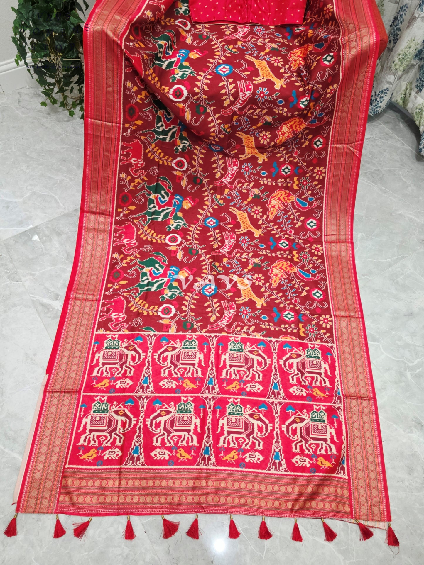 Royal Maroon Patola Print Soft Silk Saree with Heritage Elephant Pallu & Stitched Blouse Size 40-46