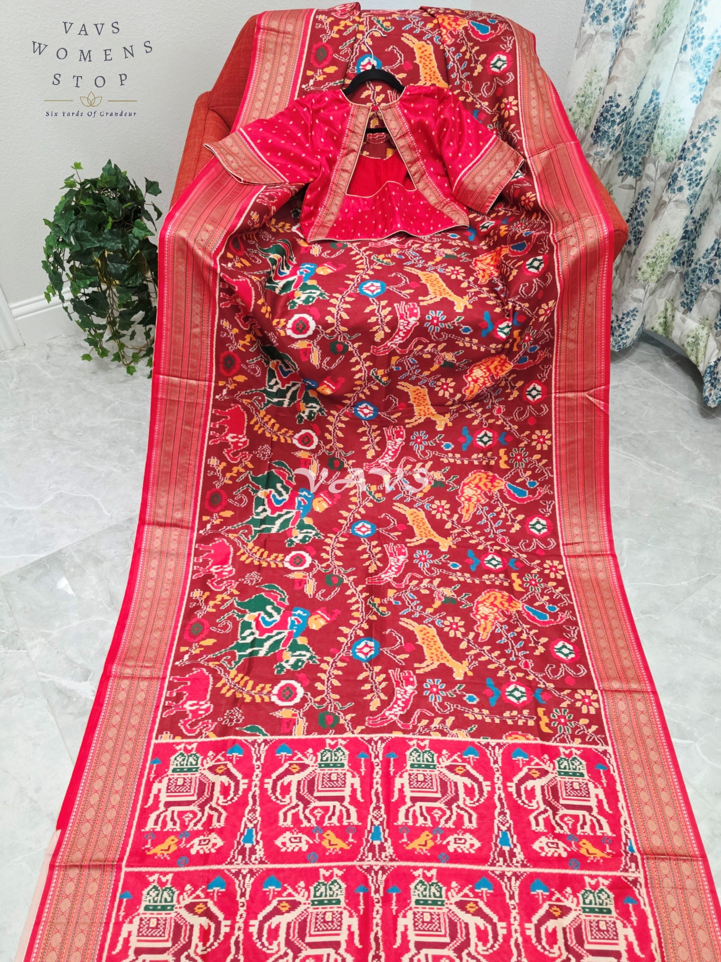Royal Maroon Patola Print Soft Silk Saree with Heritage Elephant Pallu & Stitched Blouse Size 40-46