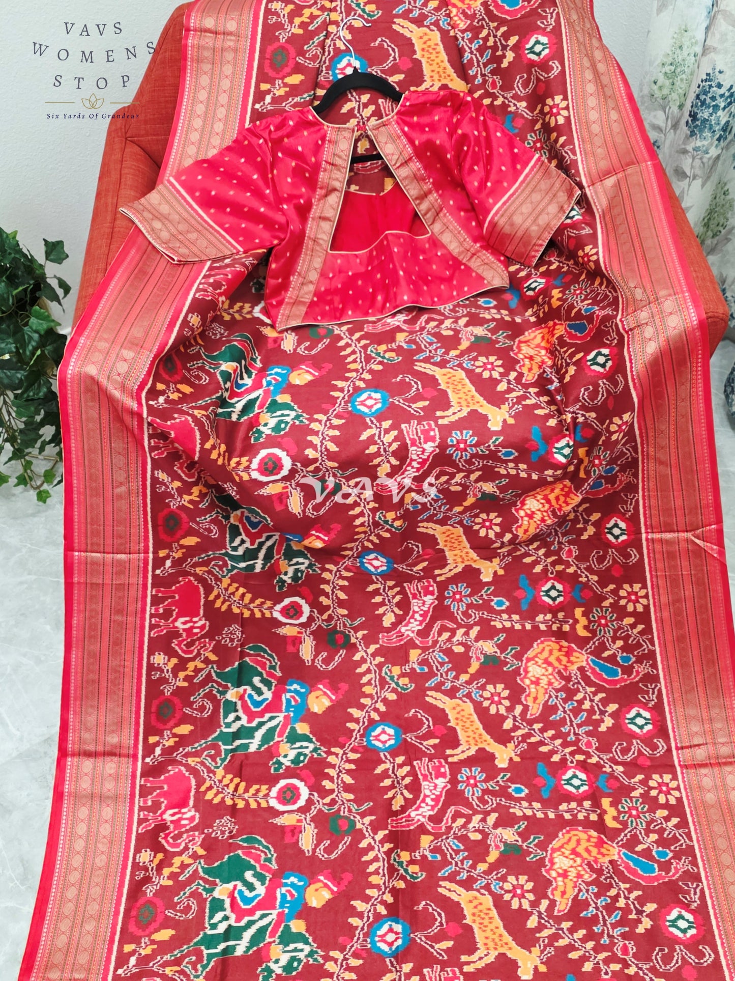 Royal Maroon Patola Print Soft Silk Saree with Heritage Elephant Pallu & Stitched Blouse Size 40-46