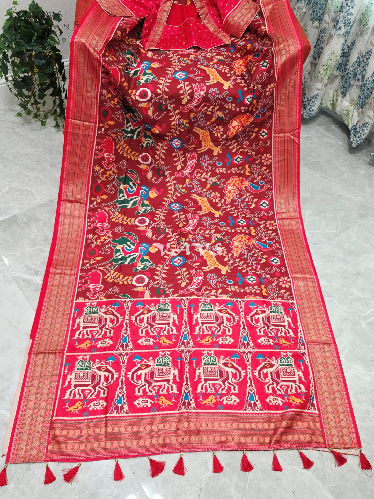 Royal Maroon Patola Print Soft Silk Saree with Heritage Elephant Pallu & Stitched Blouse Size 40-46