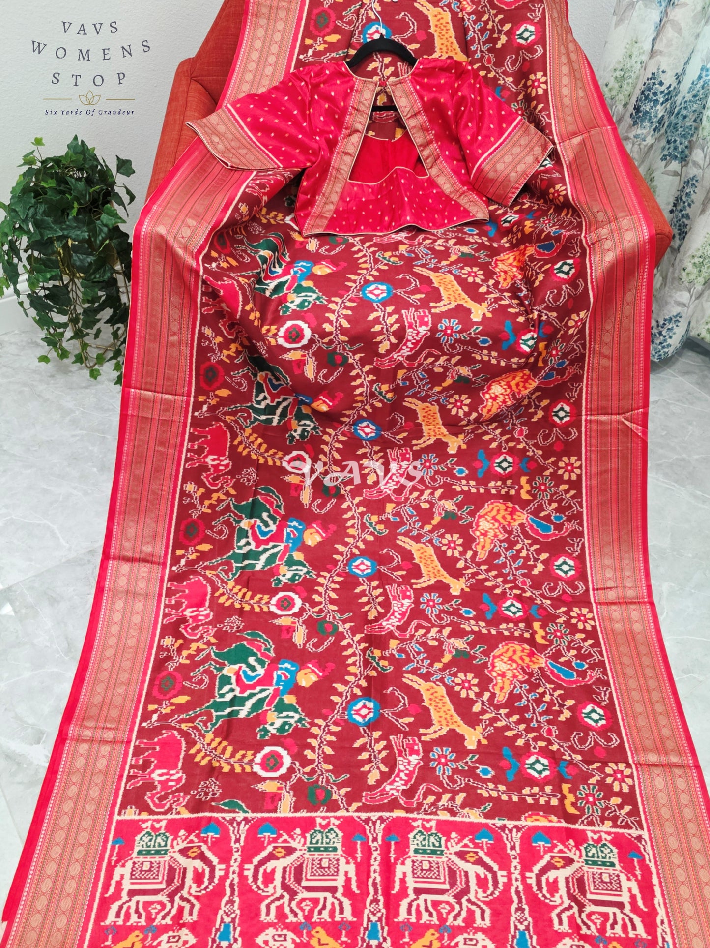Royal Maroon Patola Print Soft Silk Saree with Heritage Elephant Pallu & Stitched Blouse Size 40-46
