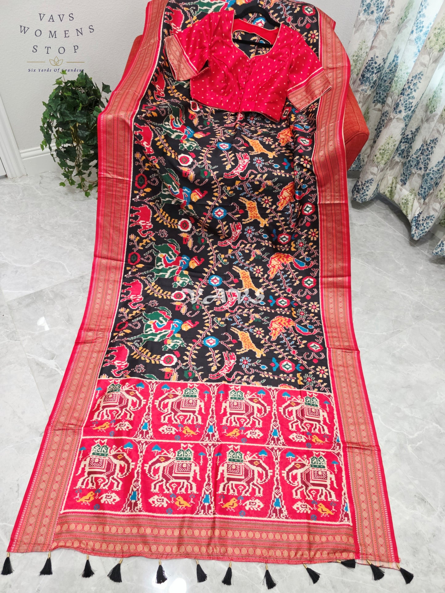 Midnight Black Patola Print Soft Silk Saree with Ruby Red Elephant Pallu & Stitched Blouse Size 42-48