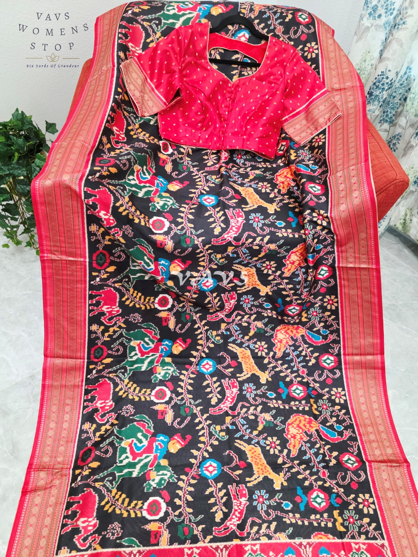 Midnight Black Patola Print Soft Silk Saree with Ruby Red Elephant Pallu & Stitched Blouse Size 42-48