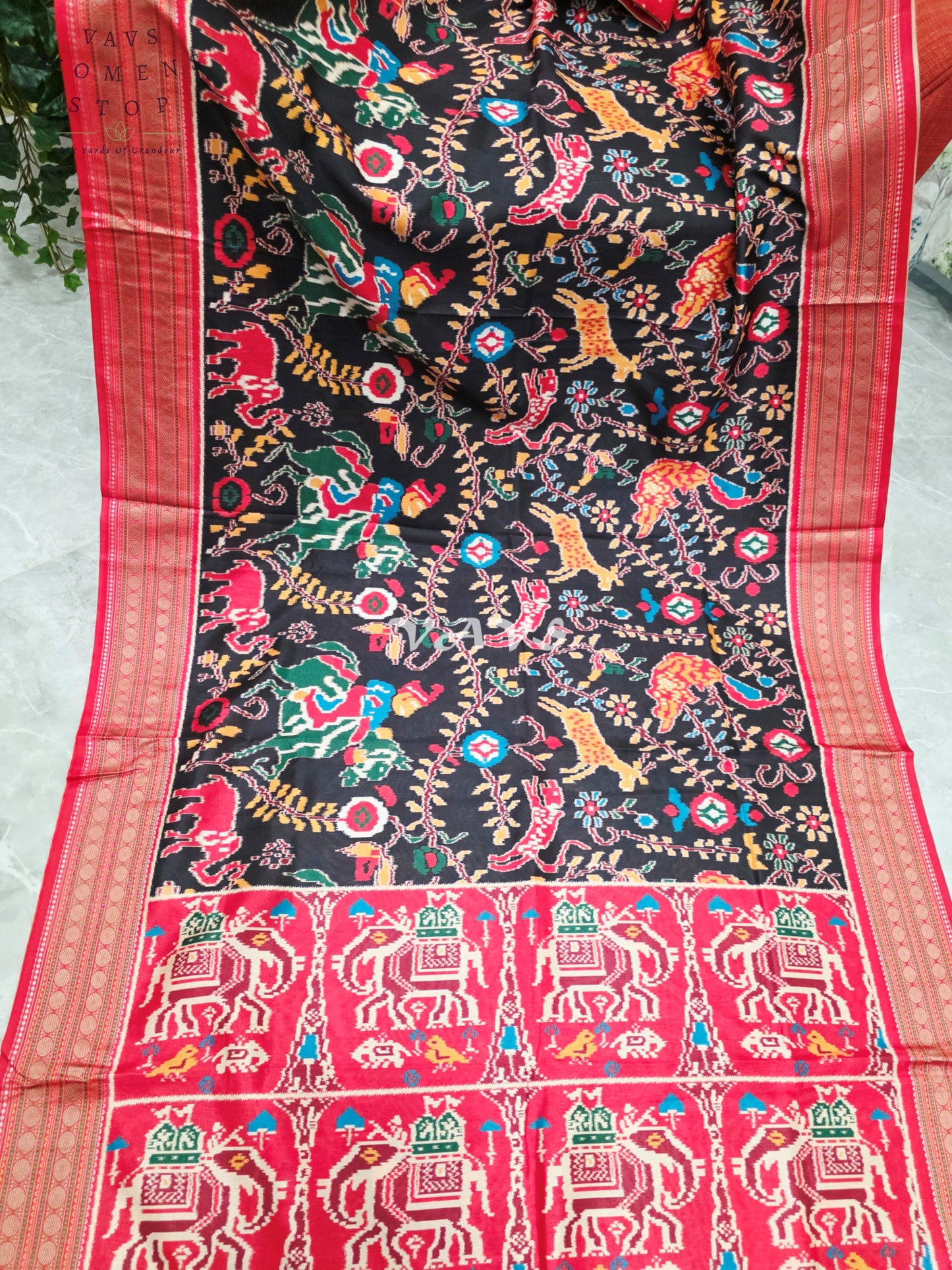 Midnight Black Patola Print Soft Silk Saree with Ruby Red Elephant Pallu & Stitched Blouse Size 42-48