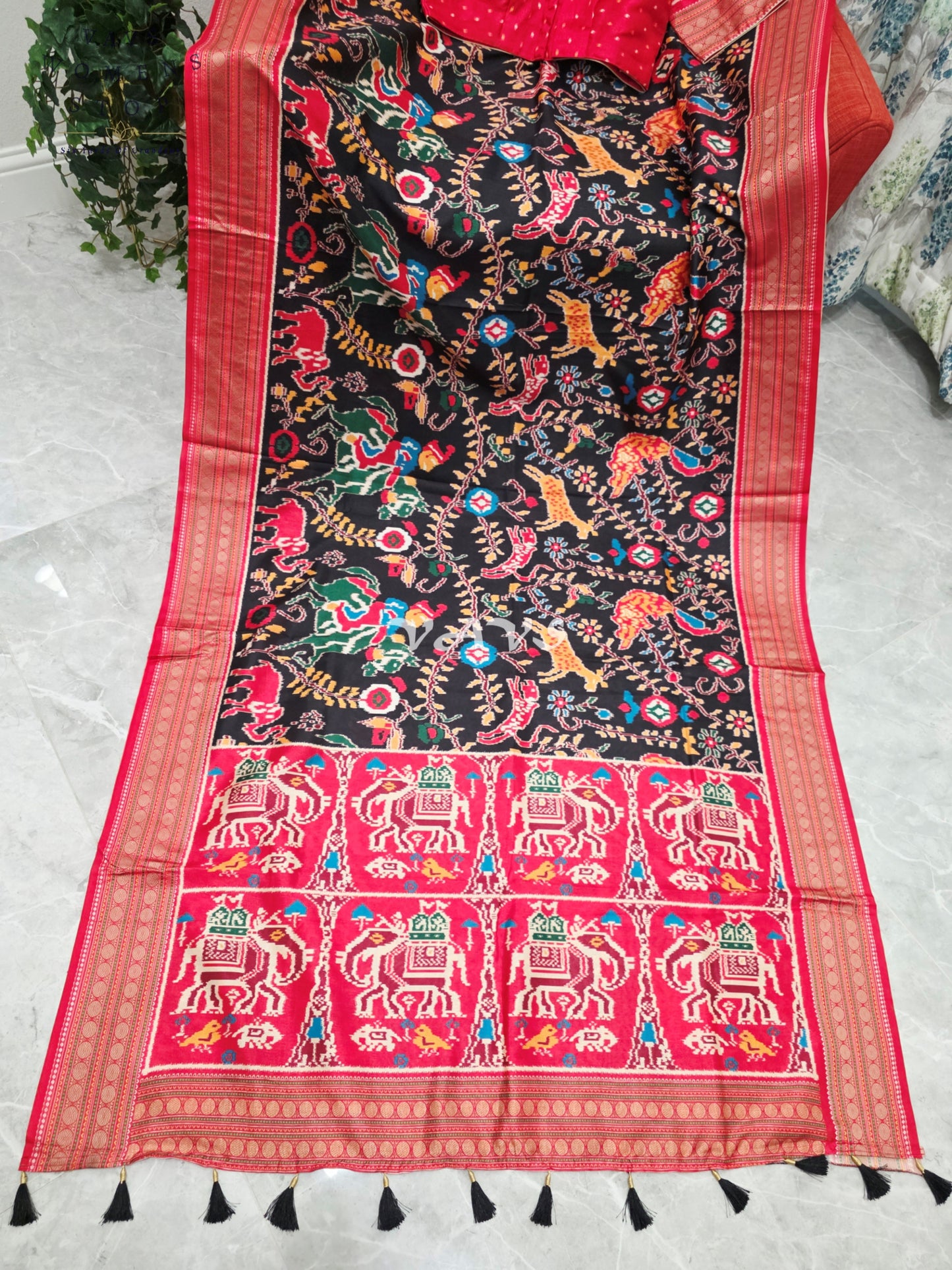 Midnight Black Patola Print Soft Silk Saree with Ruby Red Elephant Pallu & Stitched Blouse Size 42-48