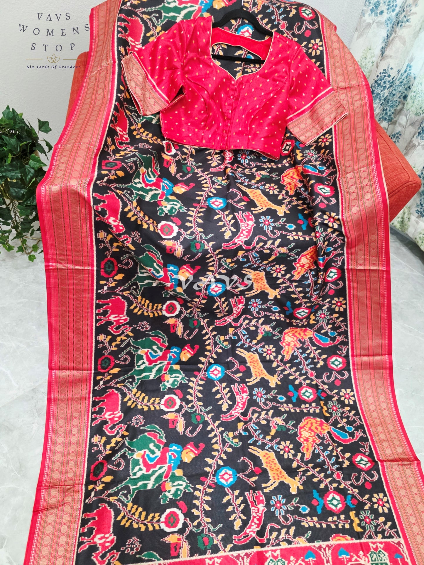 Midnight Black Patola Print Soft Silk Saree with Ruby Red Elephant Pallu & Stitched Blouse Size 42-48