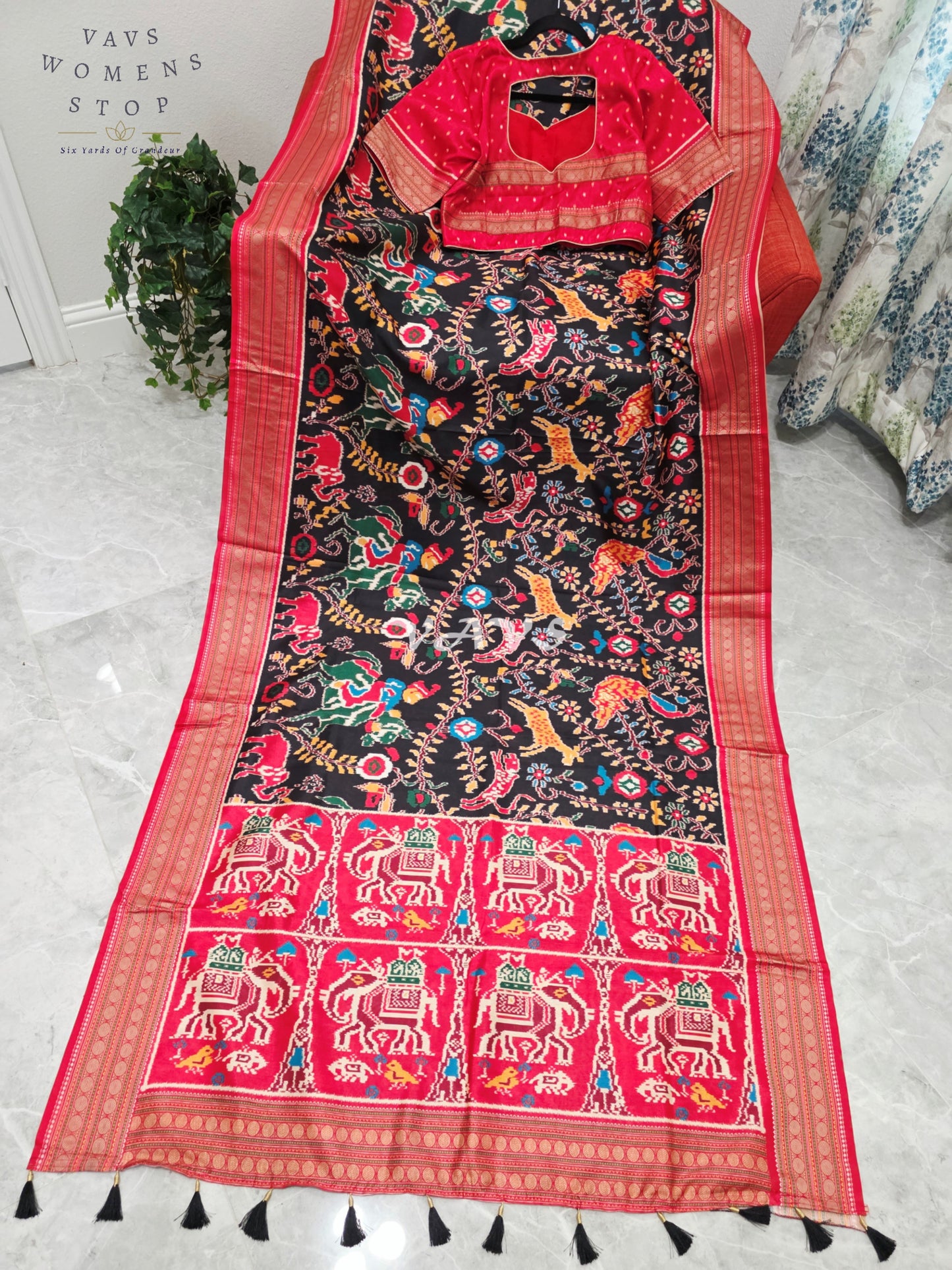 Midnight Black Patola Print Soft Silk Saree with Ruby Red Elephant Pallu & Stitched Blouse Size 42-48