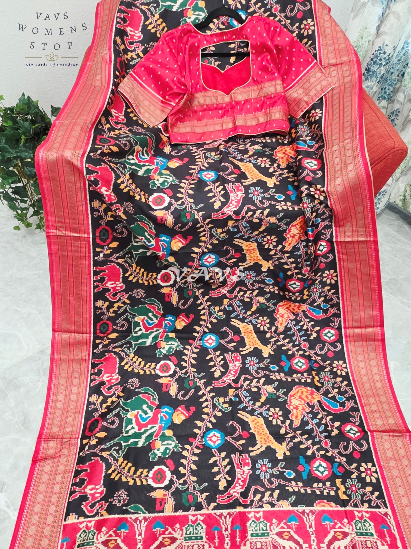 Midnight Black Patola Print Soft Silk Saree with Ruby Red Elephant Pallu & Stitched Blouse Size 42-48