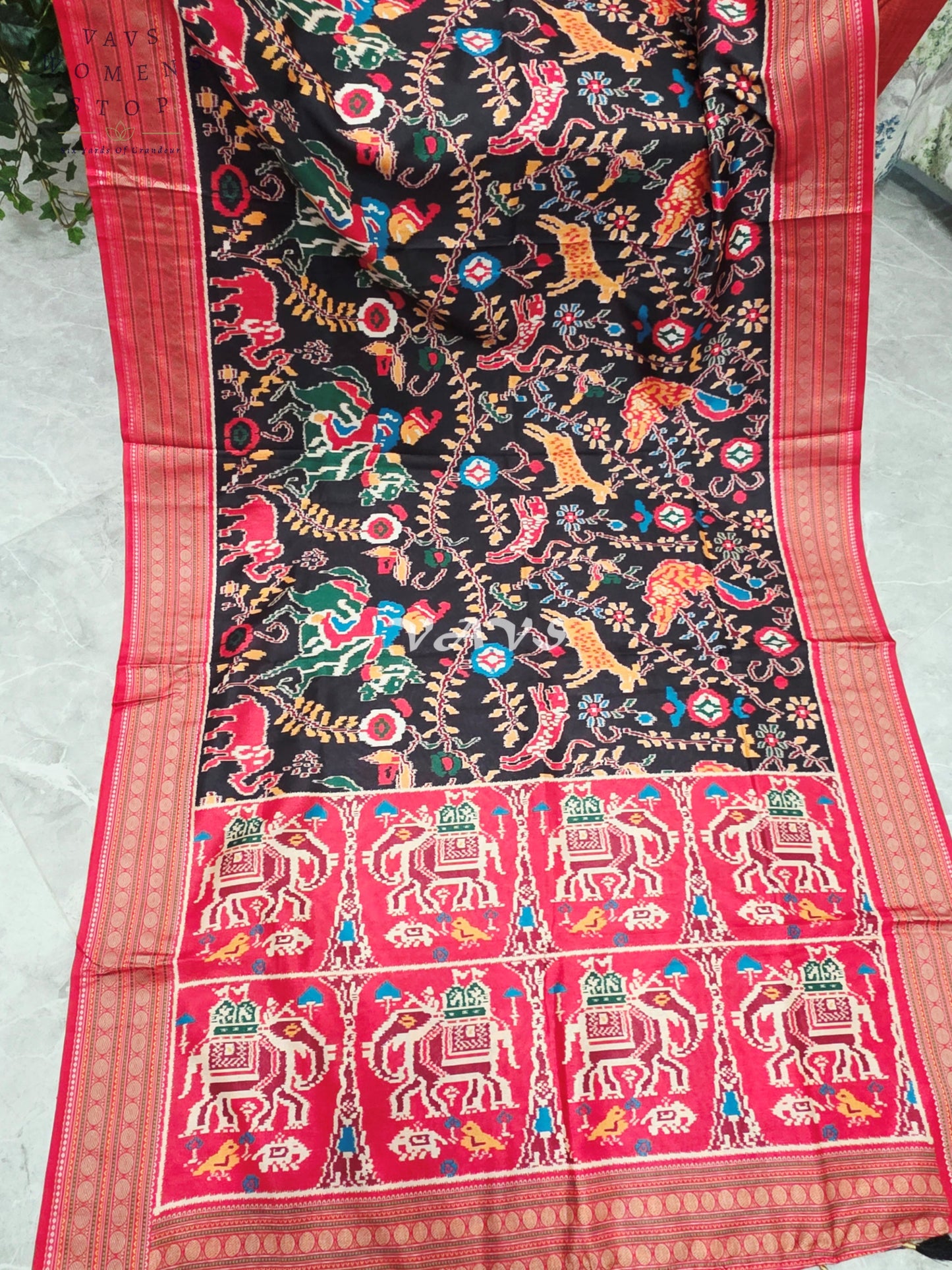 Midnight Black Patola Print Soft Silk Saree with Ruby Red Elephant Pallu & Stitched Blouse Size 42-48