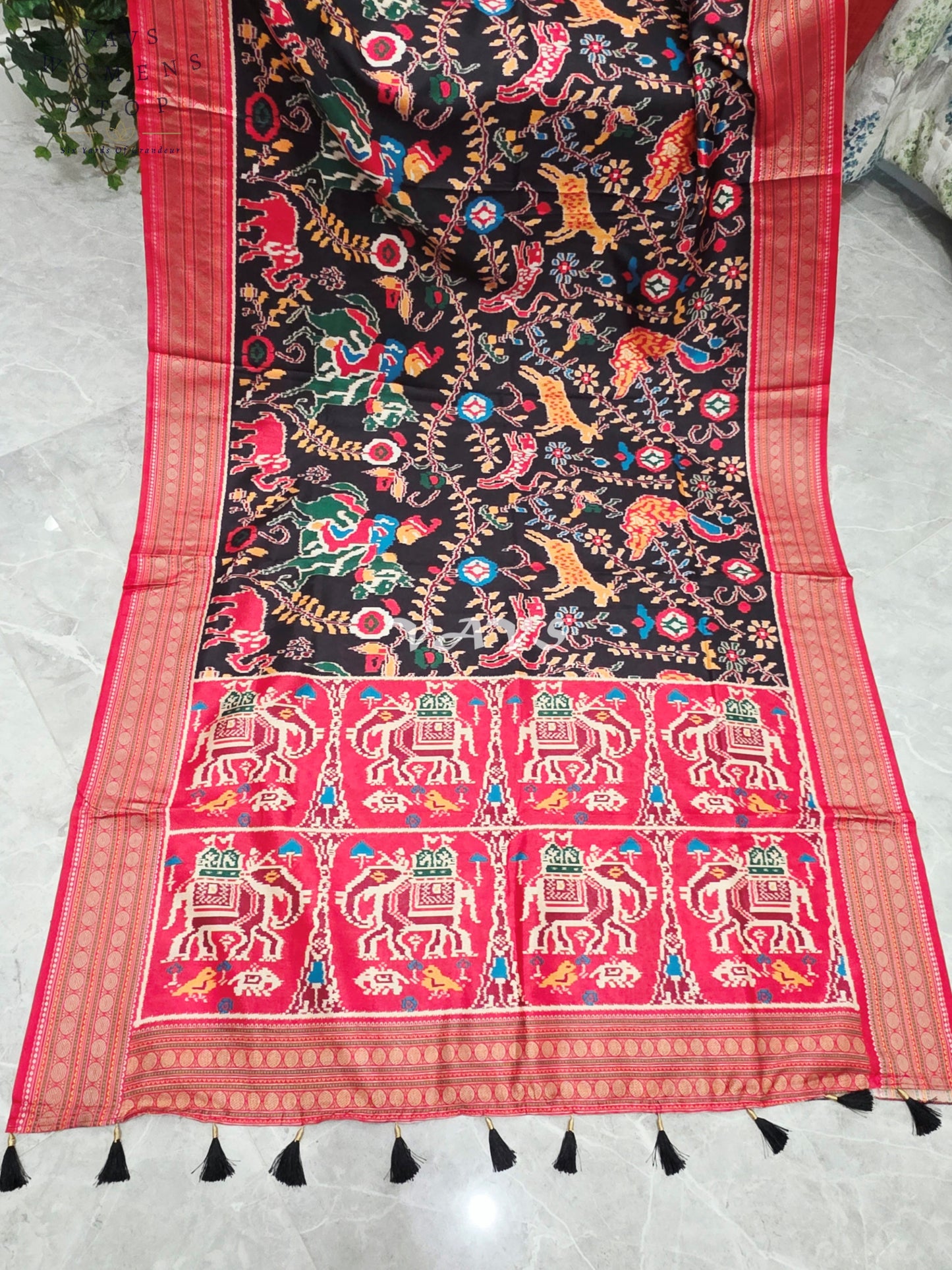 Midnight Black Patola Print Soft Silk Saree with Ruby Red Elephant Pallu & Stitched Blouse Size 42-48