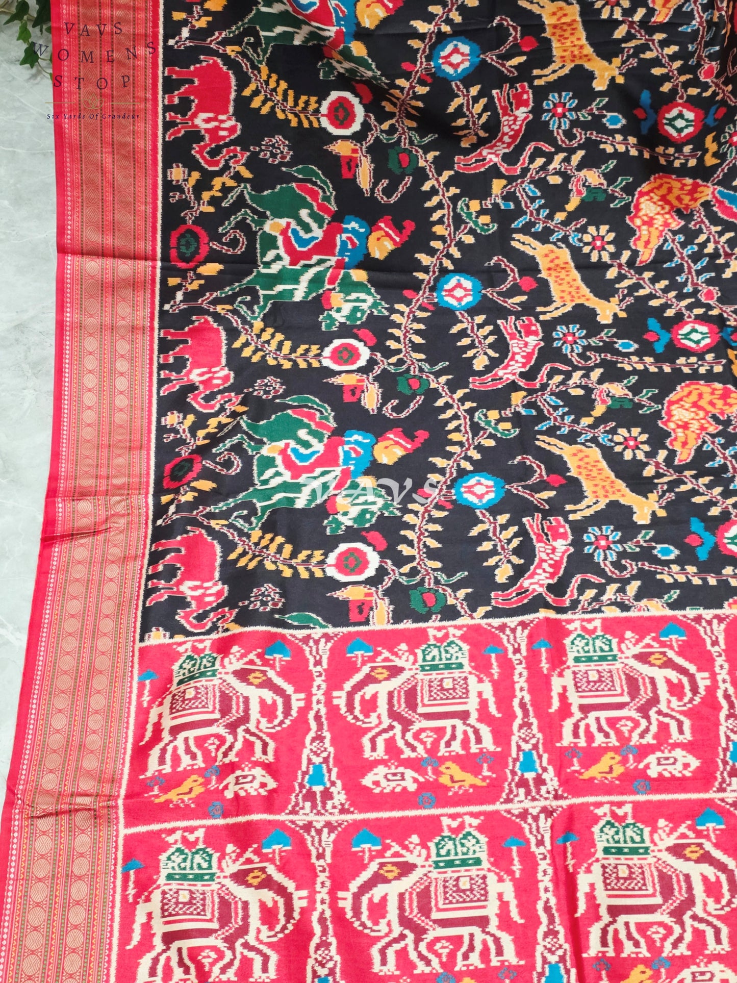 Midnight Black Patola Print Soft Silk Saree with Ruby Red Elephant Pallu & Stitched Blouse Size 42-48