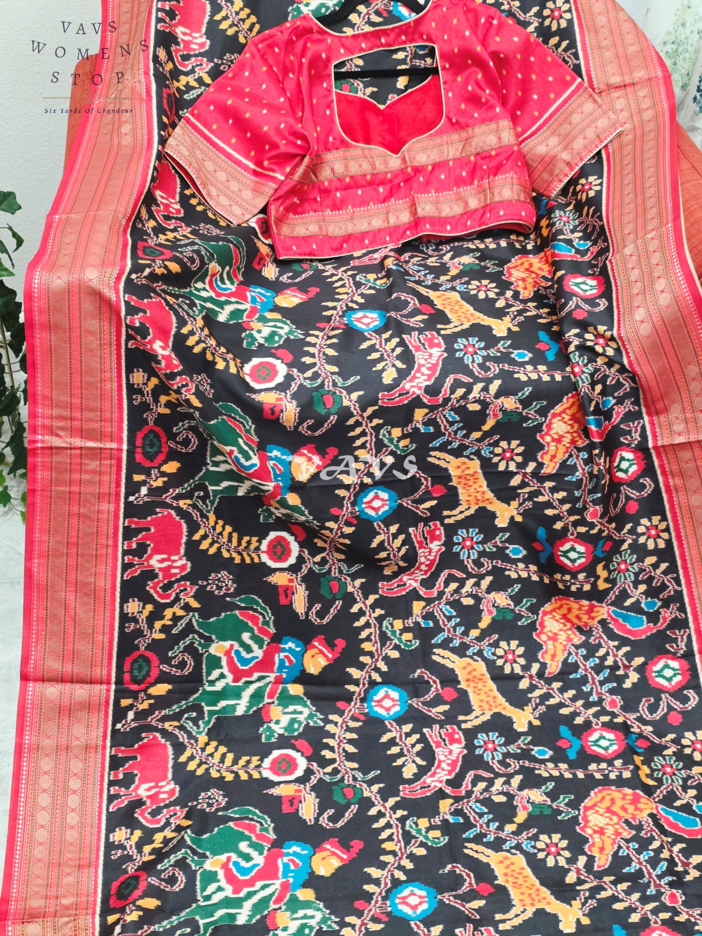 Midnight Black Patola Print Soft Silk Saree with Ruby Red Elephant Pallu & Stitched Blouse Size 42-48