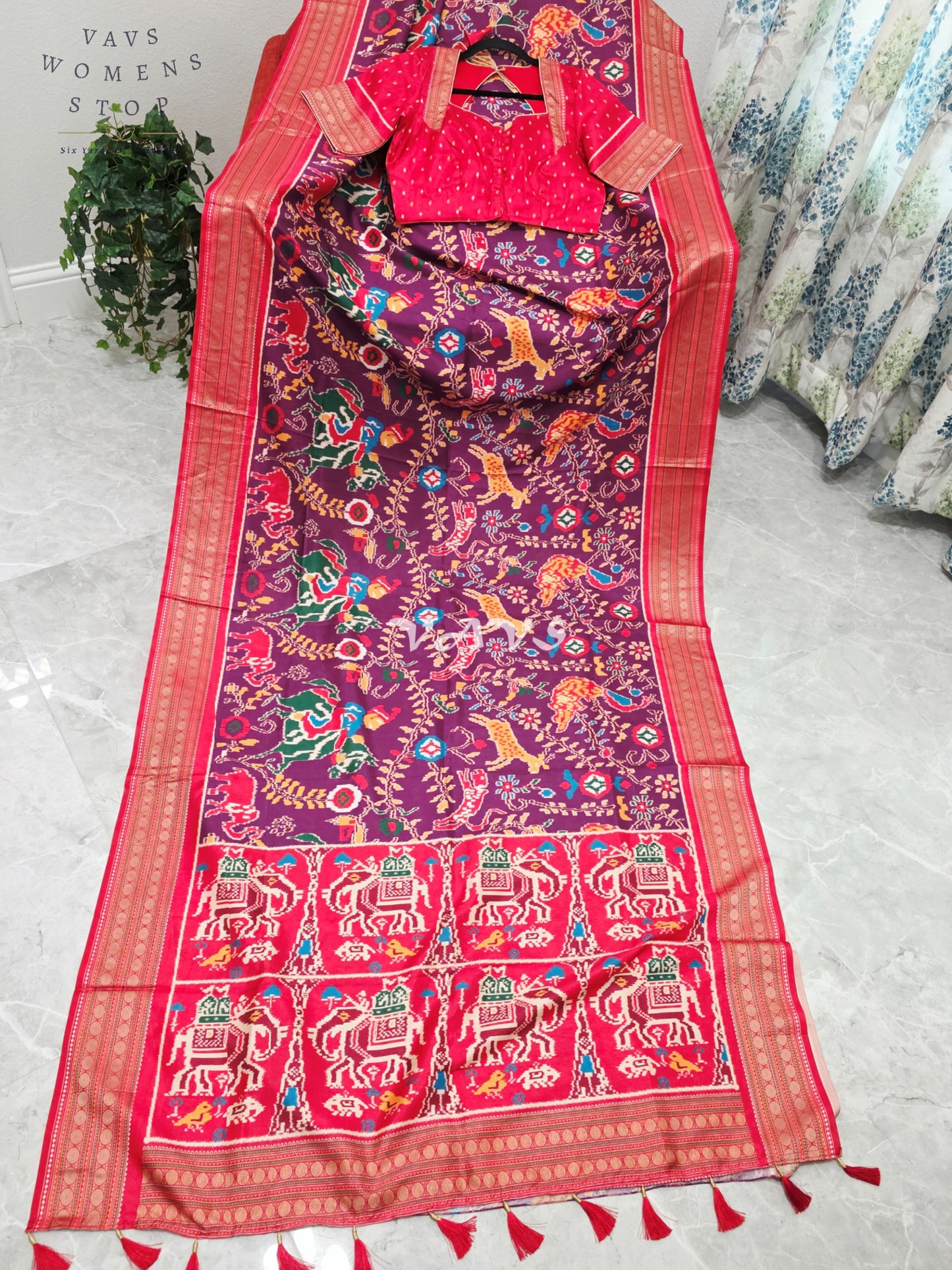 Royal Wine Plum Patola Print Soft Silk Saree with Ruby Red Elephant Pallu & Stitched Blouse Size 38-44