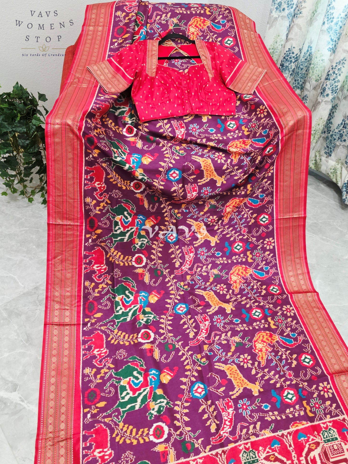 Royal Wine Plum Patola Print Soft Silk Saree with Ruby Red Elephant Pallu & Stitched Blouse Size 38-44