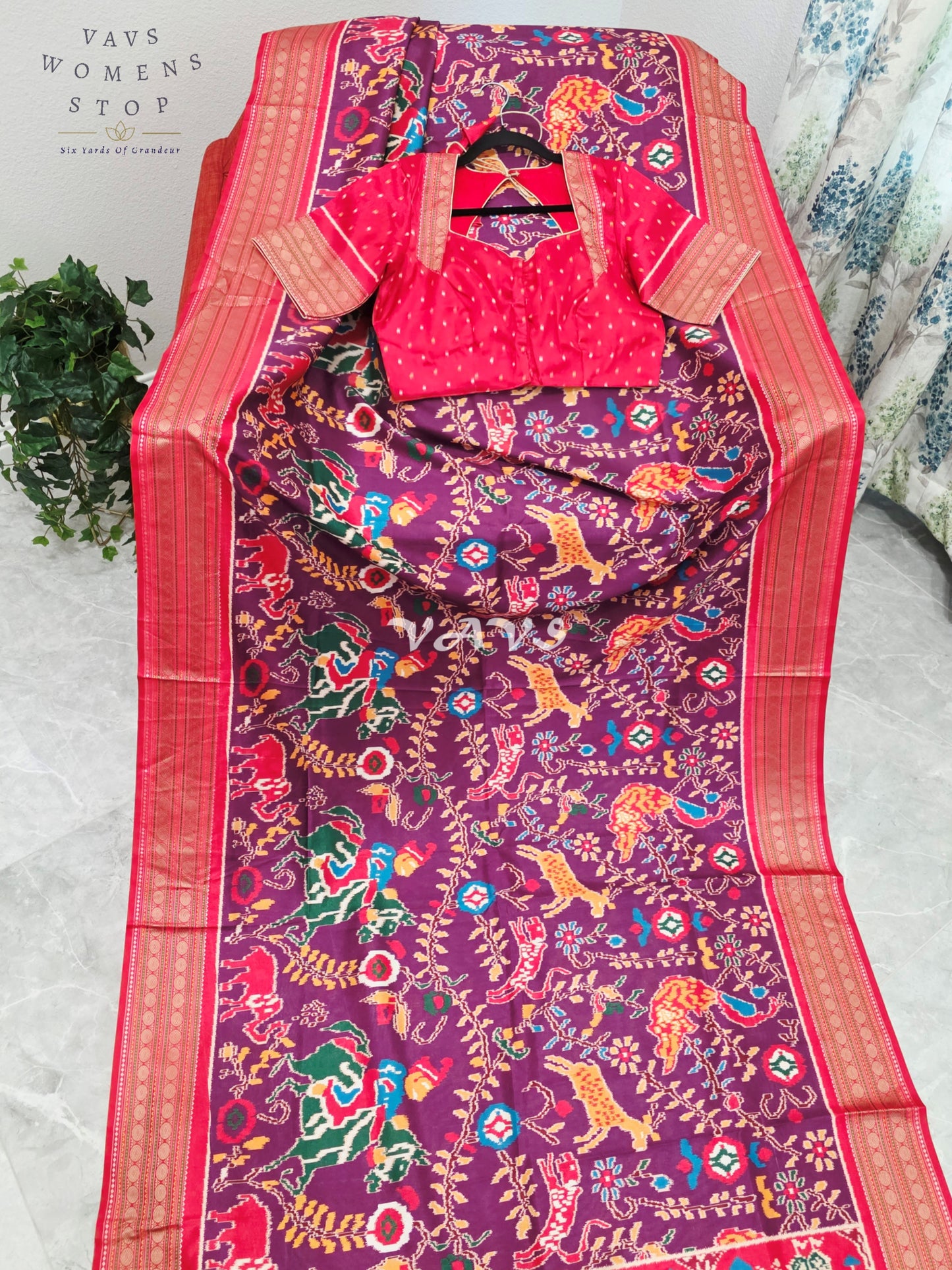 Royal Wine Plum Patola Print Soft Silk Saree with Ruby Red Elephant Pallu & Stitched Blouse Size 38-44