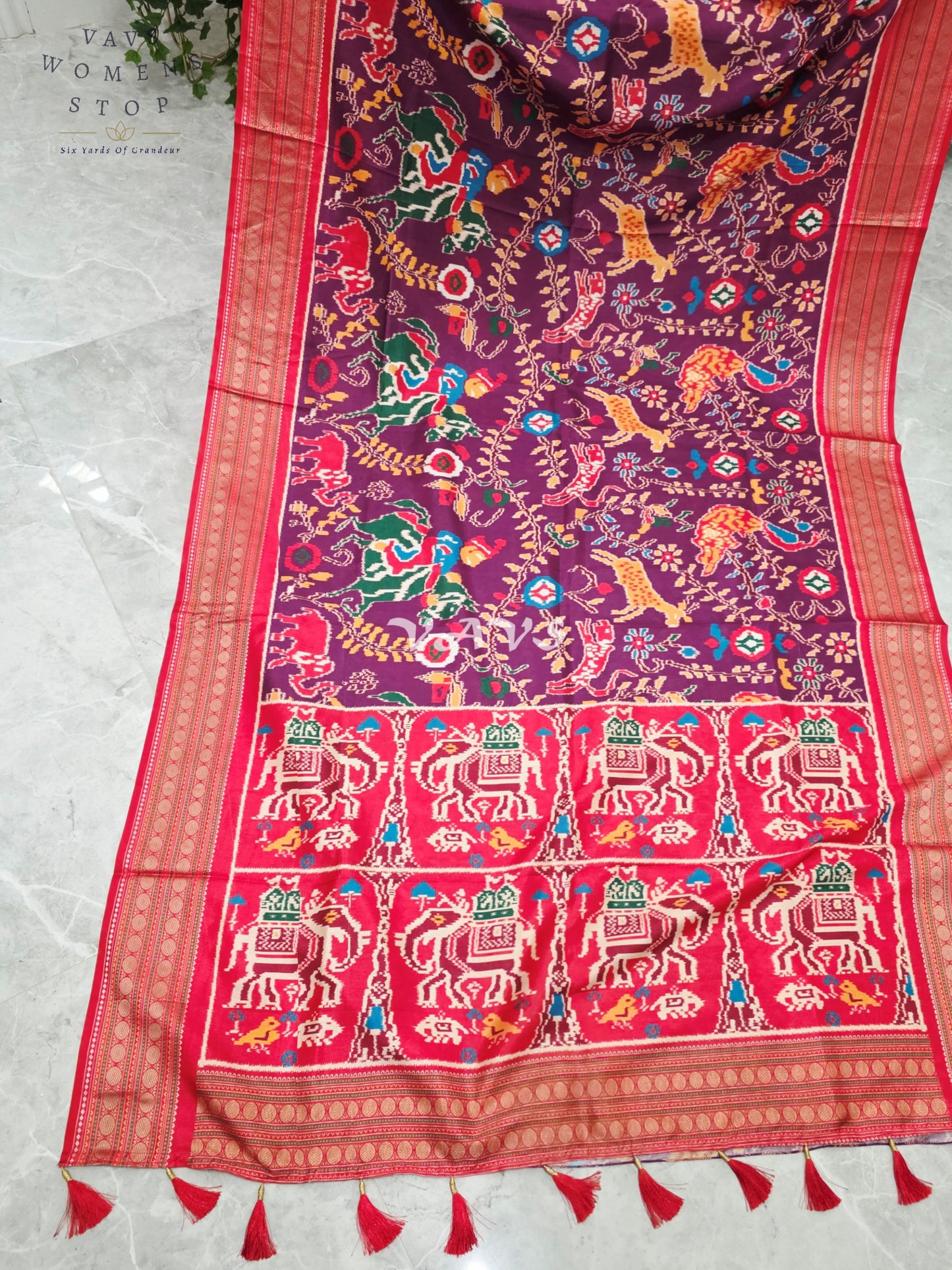 Royal Wine Plum Patola Print Soft Silk Saree with Ruby Red Elephant Pallu & Stitched Blouse Size 38-44