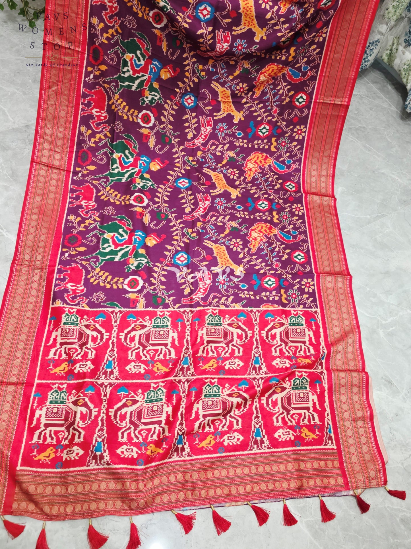 Royal Wine Plum Patola Print Soft Silk Saree with Ruby Red Elephant Pallu & Stitched Blouse Size 38-44