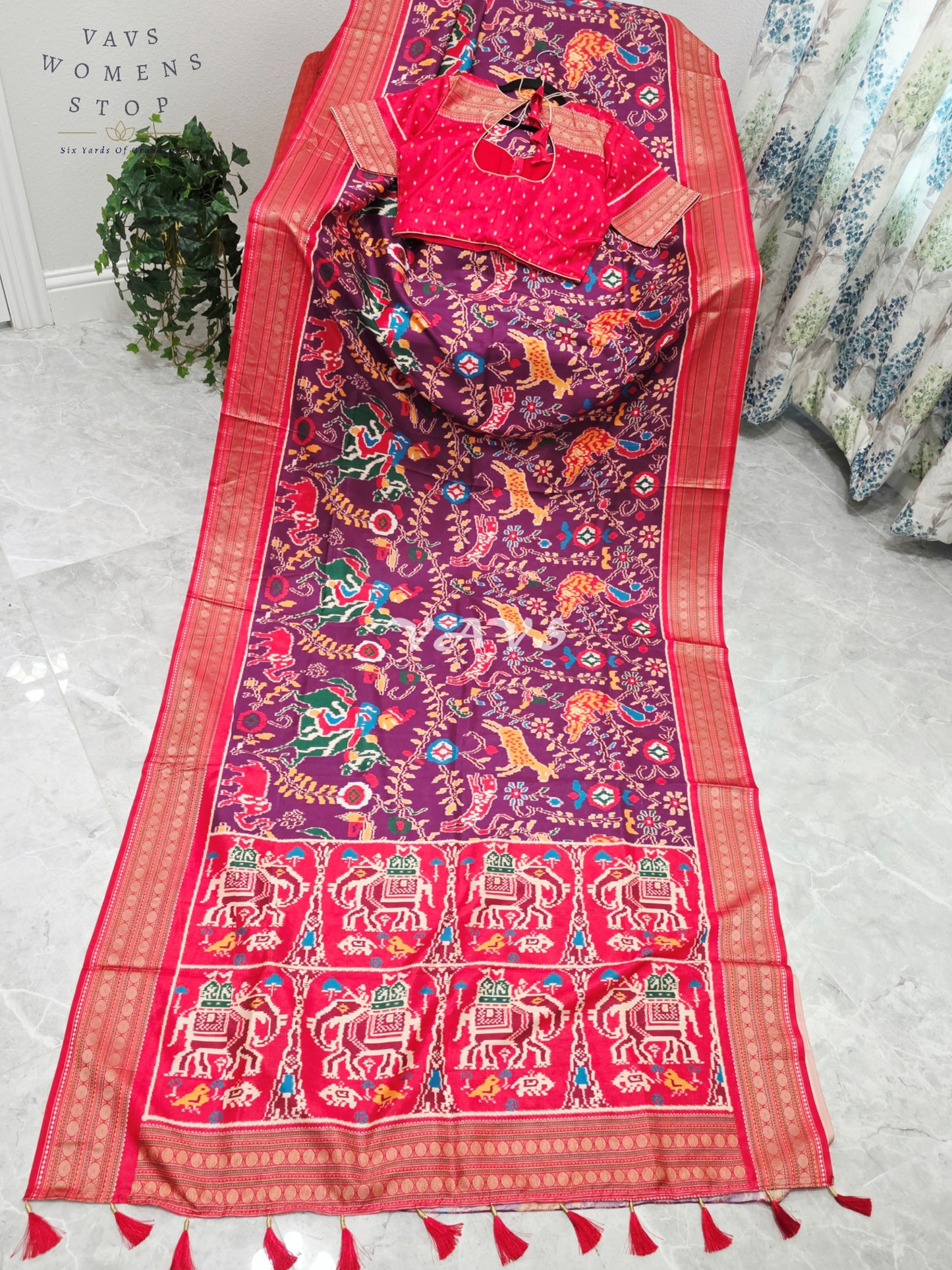 Royal Wine Plum Patola Print Soft Silk Saree with Ruby Red Elephant Pallu & Stitched Blouse Size 38-44