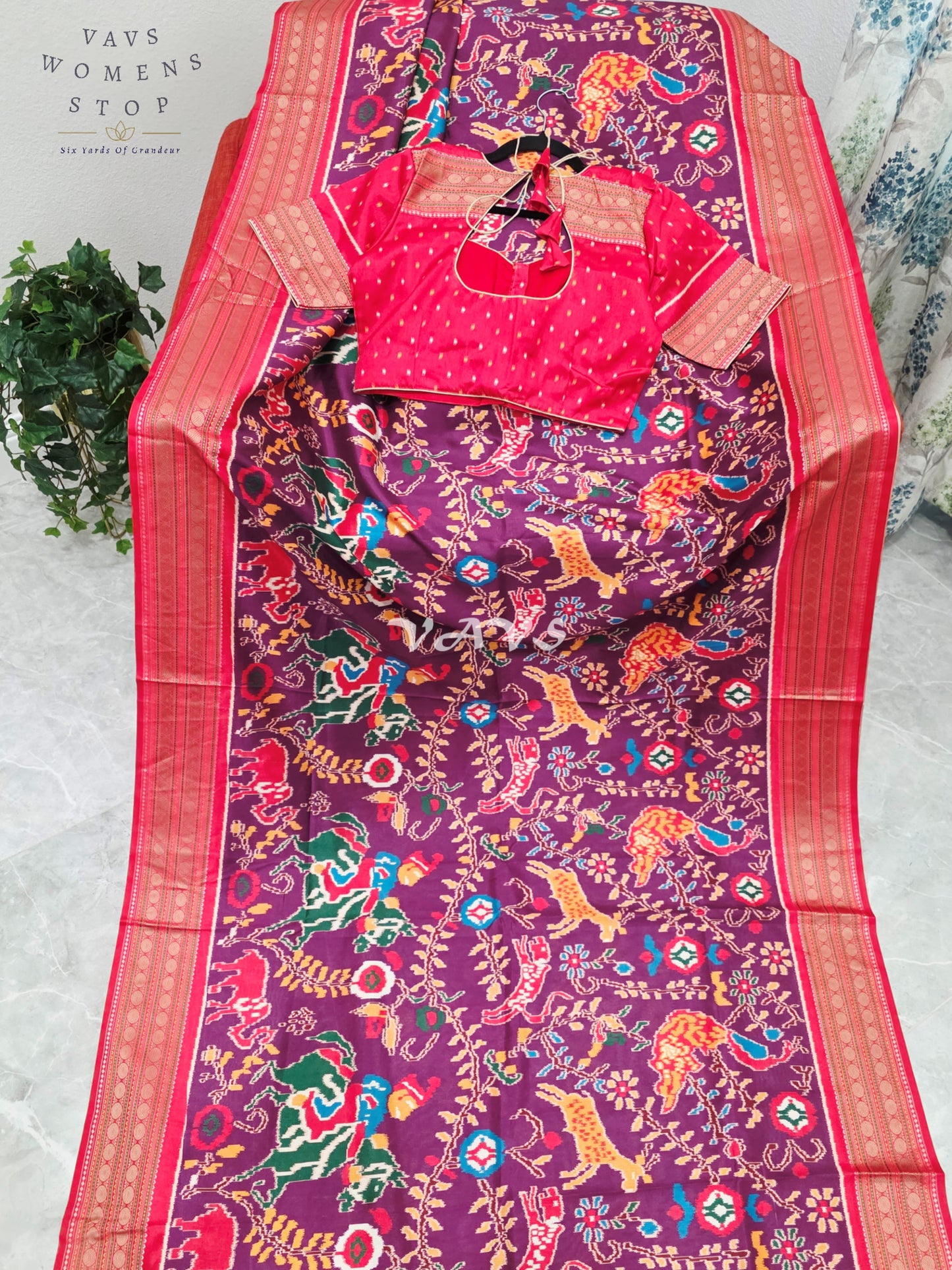 Royal Wine Plum Patola Print Soft Silk Saree with Ruby Red Elephant Pallu & Stitched Blouse Size 38-44