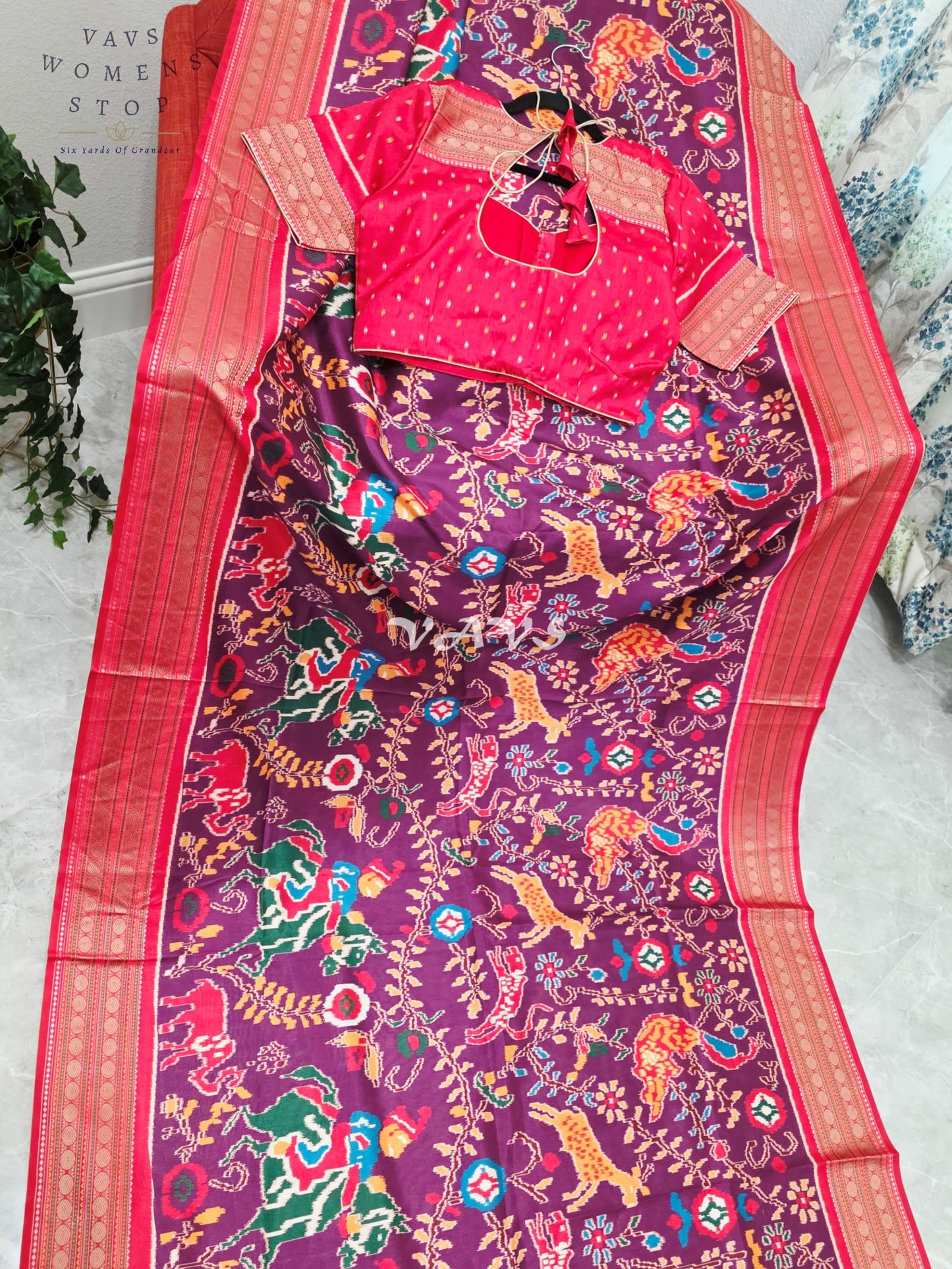 Royal Wine Plum Patola Print Soft Silk Saree with Ruby Red Elephant Pallu & Stitched Blouse Size 38-44