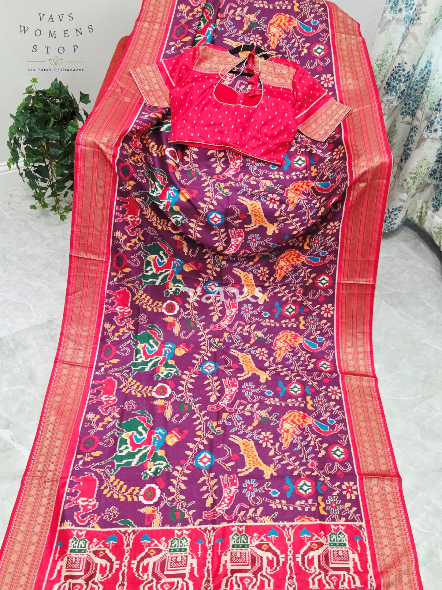 Royal Wine Plum Patola Print Soft Silk Saree with Ruby Red Elephant Pallu & Stitched Blouse Size 38-44