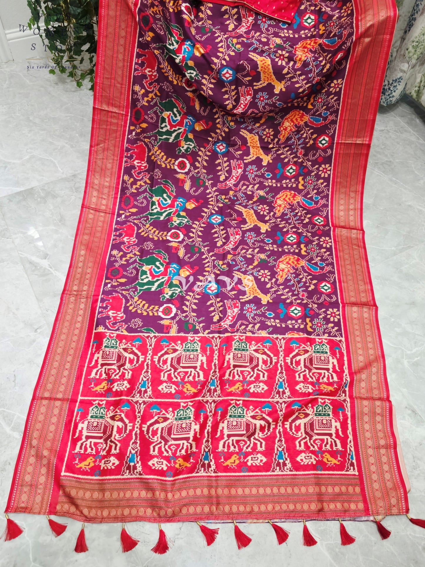 Royal Wine Plum Patola Print Soft Silk Saree with Ruby Red Elephant Pallu & Stitched Blouse Size 38-44